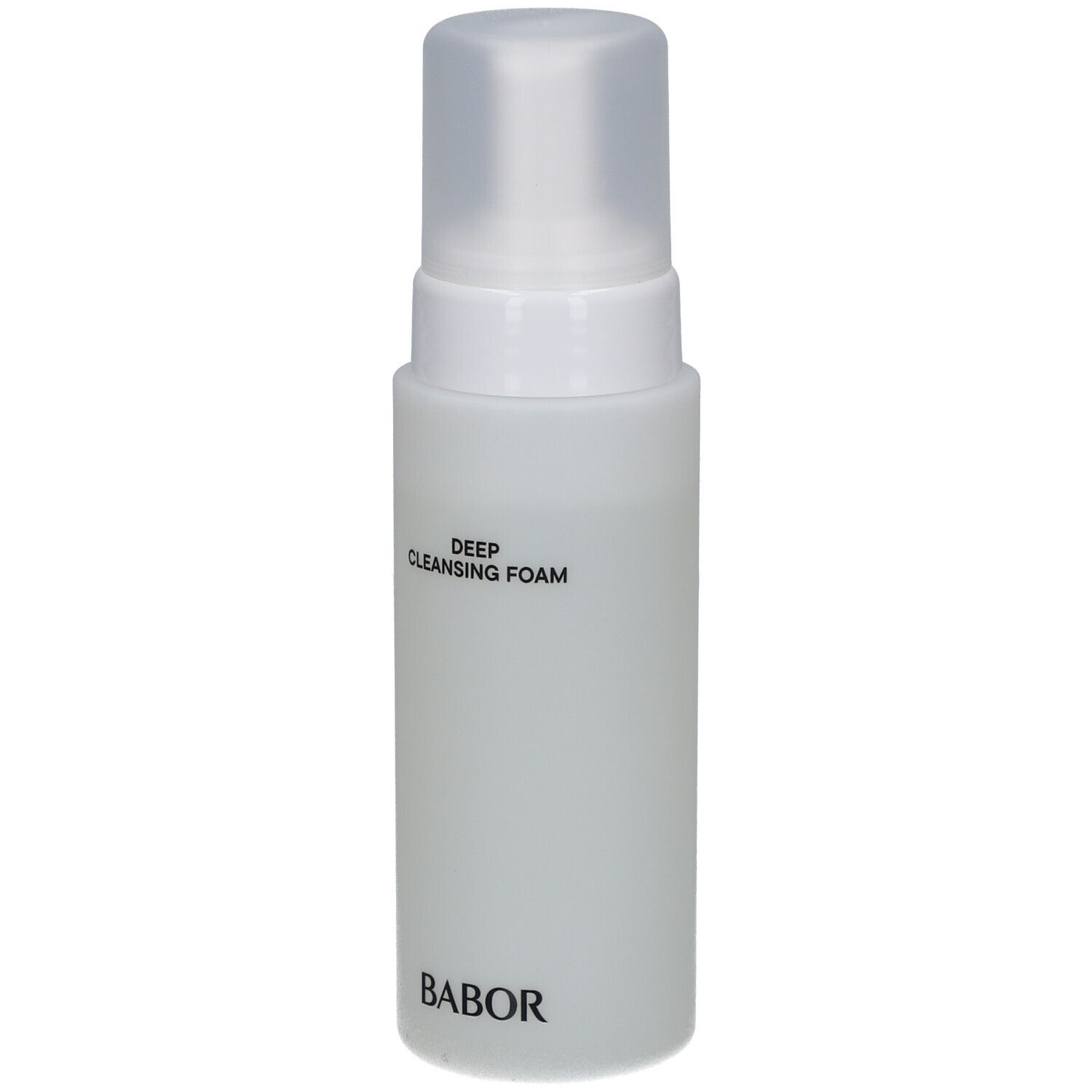 Weiße Flasche mit Pumpverschluss. Aufschrift: DEEP CLEANSING FOAM. Marke: BABOR.