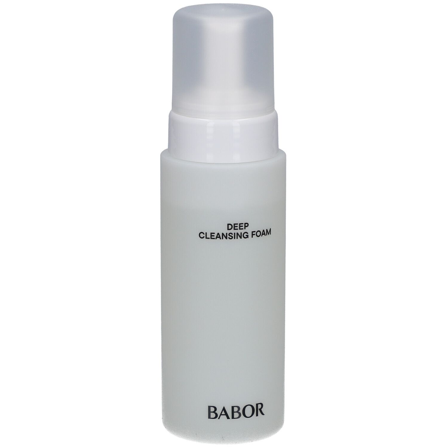 Weiße Flasche mit Pumpverschluss. Aufschrift: DEEP CLEANSING FOAM. Marke: BABOR.