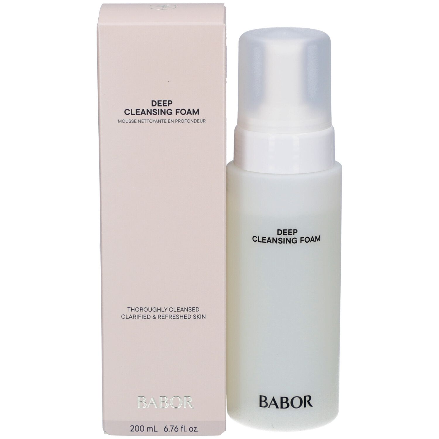 Produkt und Verpackung. Flasche mit Pumpverschluss und Karton. Aufschrift: DEEP CLEANSING FOAM. Marke: BABOR.