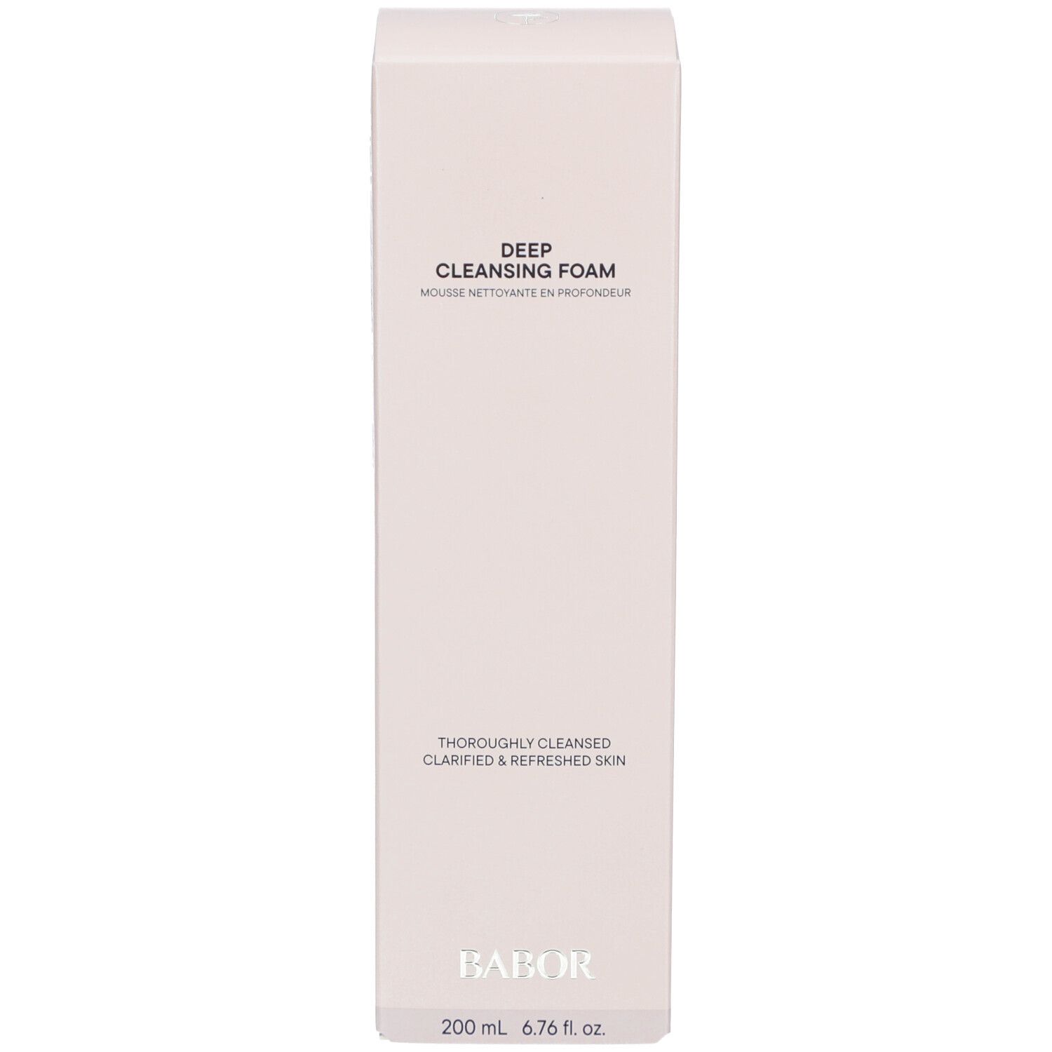 Hohe, rosa Verpackung. Aufschrift: DEEP CLEANSING FOAM. Marke: BABOR. Volumen: 200 ml.