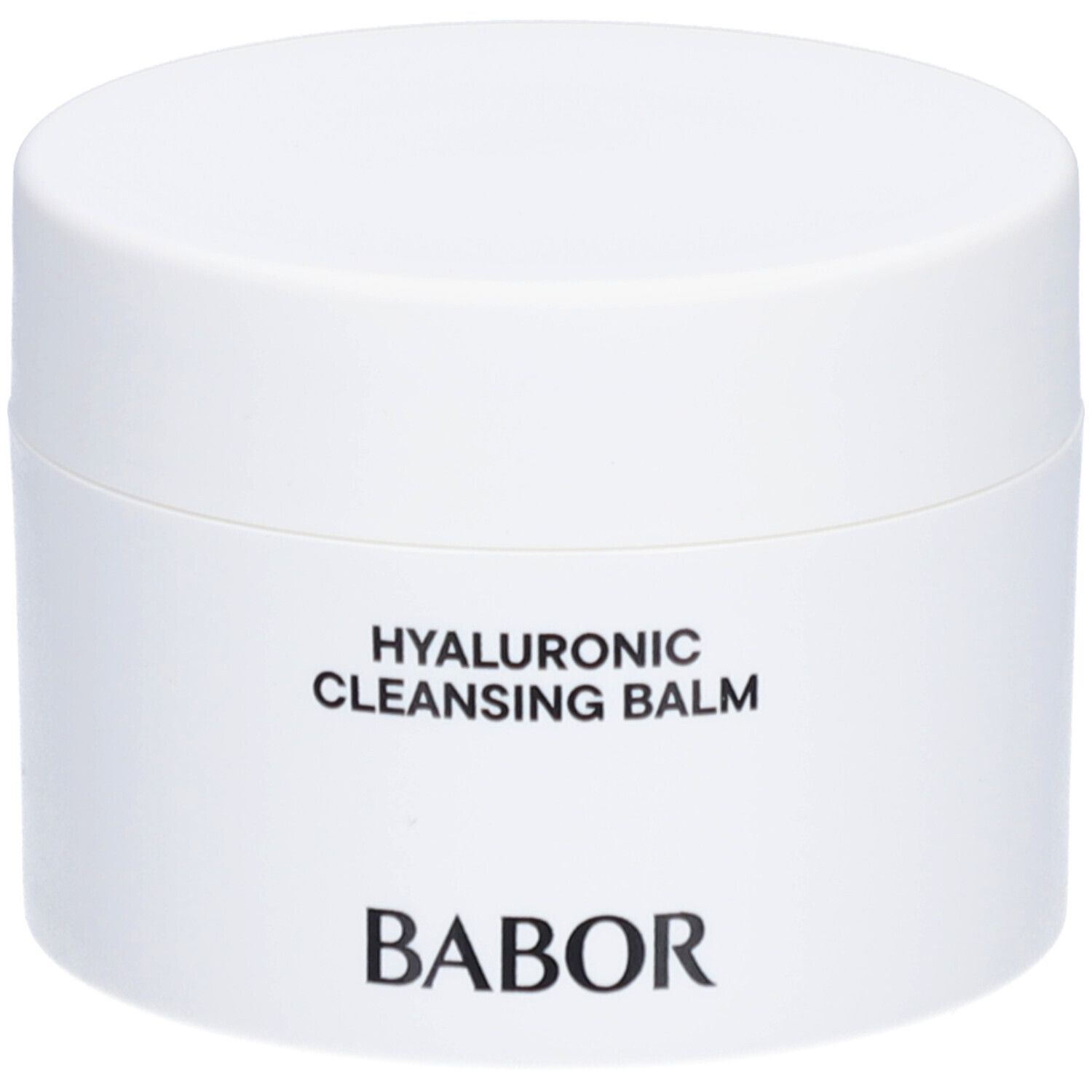 Weißer Tiegel mit Deckel. Aufschrift: HYALURONIC CLEANSING BALM und BABOR.