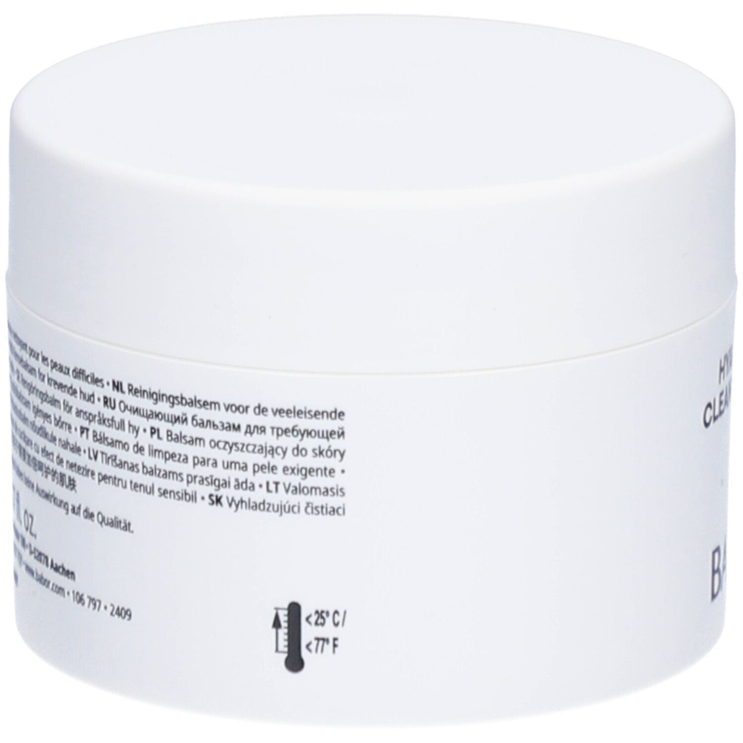 Weißer Tiegel mit Deckel. Aufschrift: HYALURONIC CLEANSING BALM und BABOR. Rückseite mit Text.