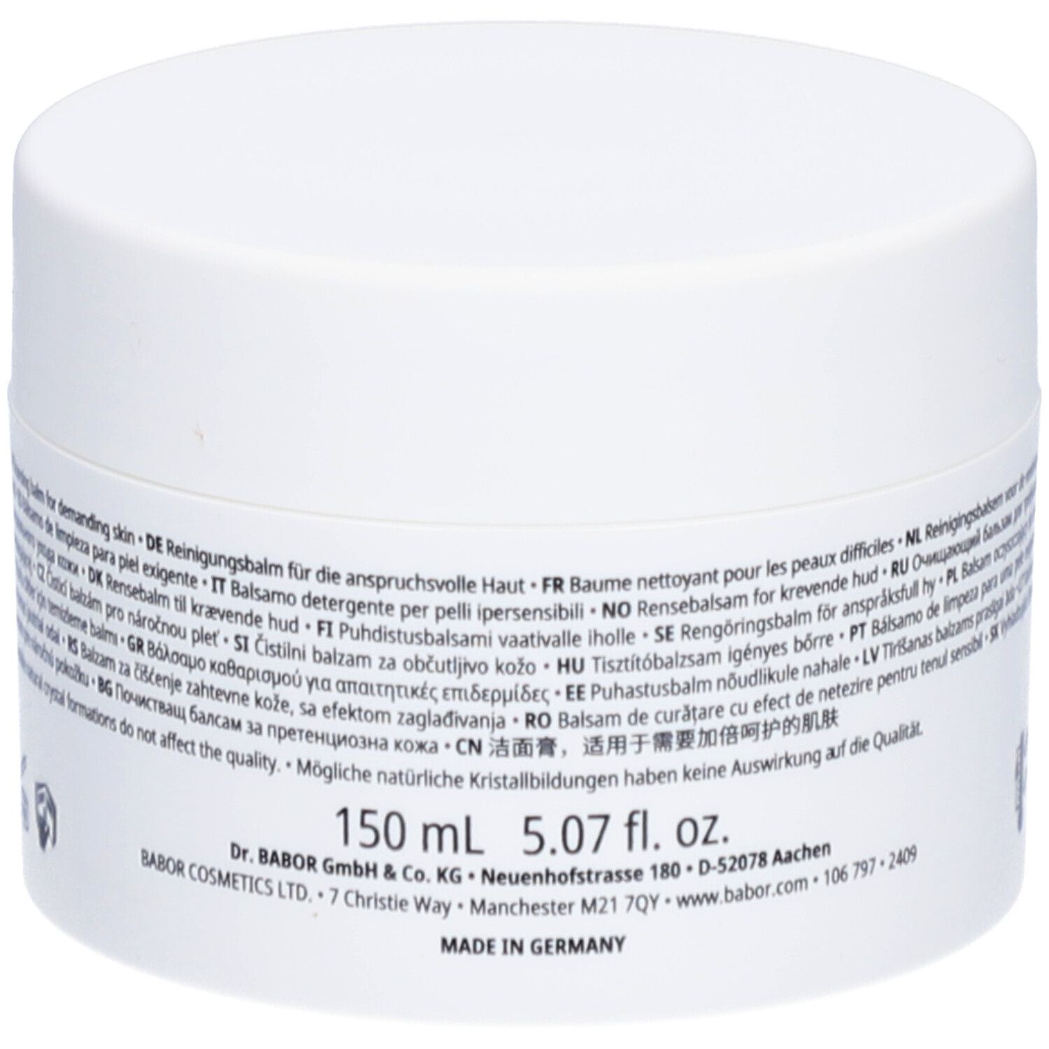 Weißer Tiegel mit Deckel. Aufschrift: HYALURONIC CLEANSING BALM, 150 ml, BABOR.