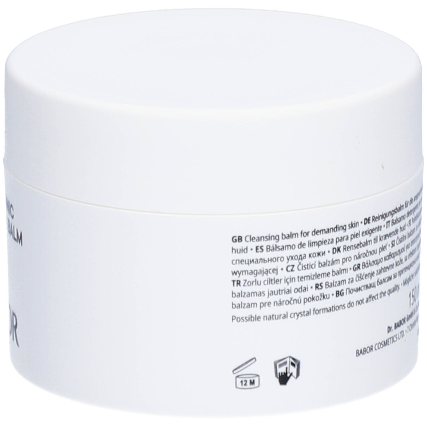 Weißer Tiegel mit Deckel. Aufschrift: HYALURONIC CLEANSING BALM, BABOR, 12M-Symbol.