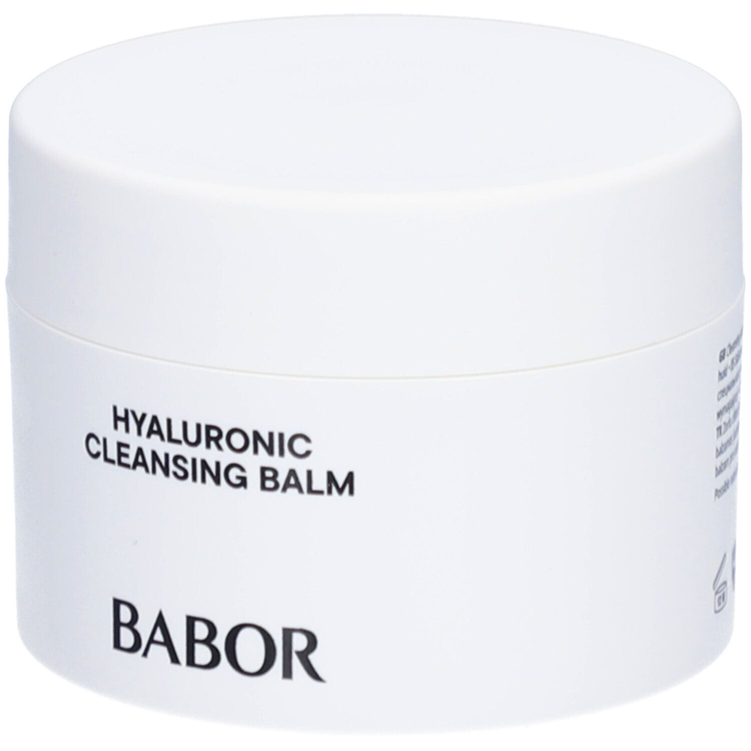 Weißer Tiegel mit Deckel. Aufschrift: HYALURONIC CLEANSING BALM und BABOR.