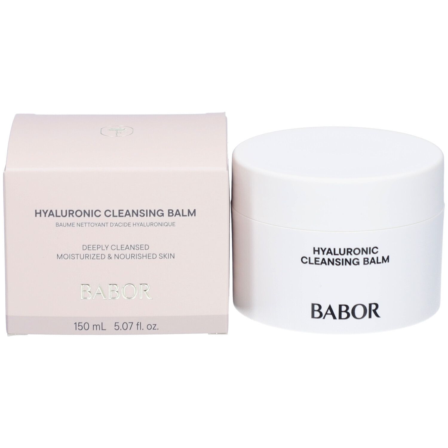Weißer Tiegel und Karton. Aufschrift: HYALURONIC CLEANSING BALM, BABOR, 150 ml.
