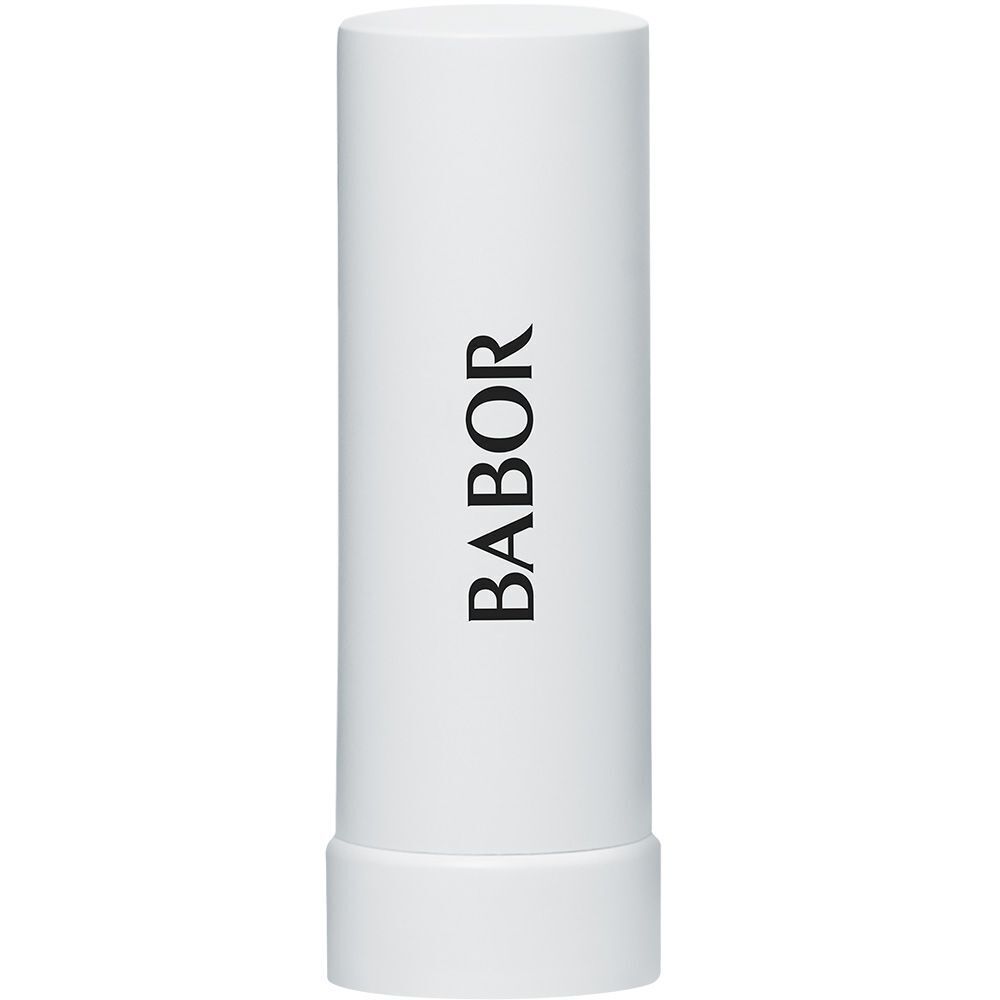 Babor Lippenbalsam-Verpackung, Vorderseite mit 'LIP BALM', 'NOURISHED & SOFT LIPS' und Markenlogo.