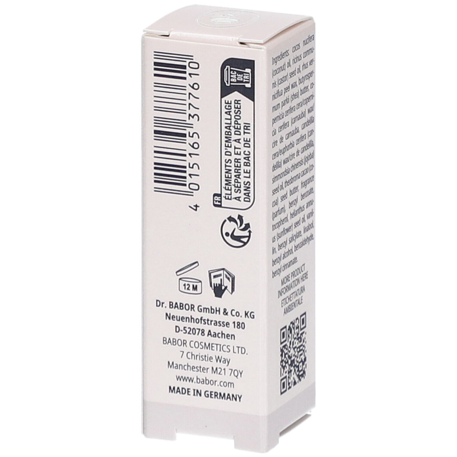 Seite der Kartonverpackung für Lippenbalsam. Enthält Barcode, Adresse von Dr. BABOR GmbH & Co. KG, und Text: MADE IN GERMANY.