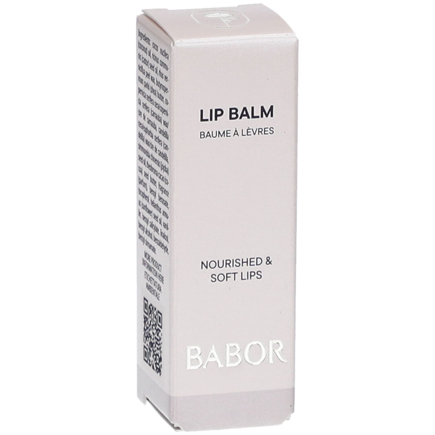 Kartonverpackung für Lippenbalsam. Text: LIP BALM, BAUME À LÈVRES, NOURISHED & SOFT LIPS, BABOR. Aufdruck: CLEAN BEAUTY, DERMATOLOGISCH GETESTET, 100% VEGAN.