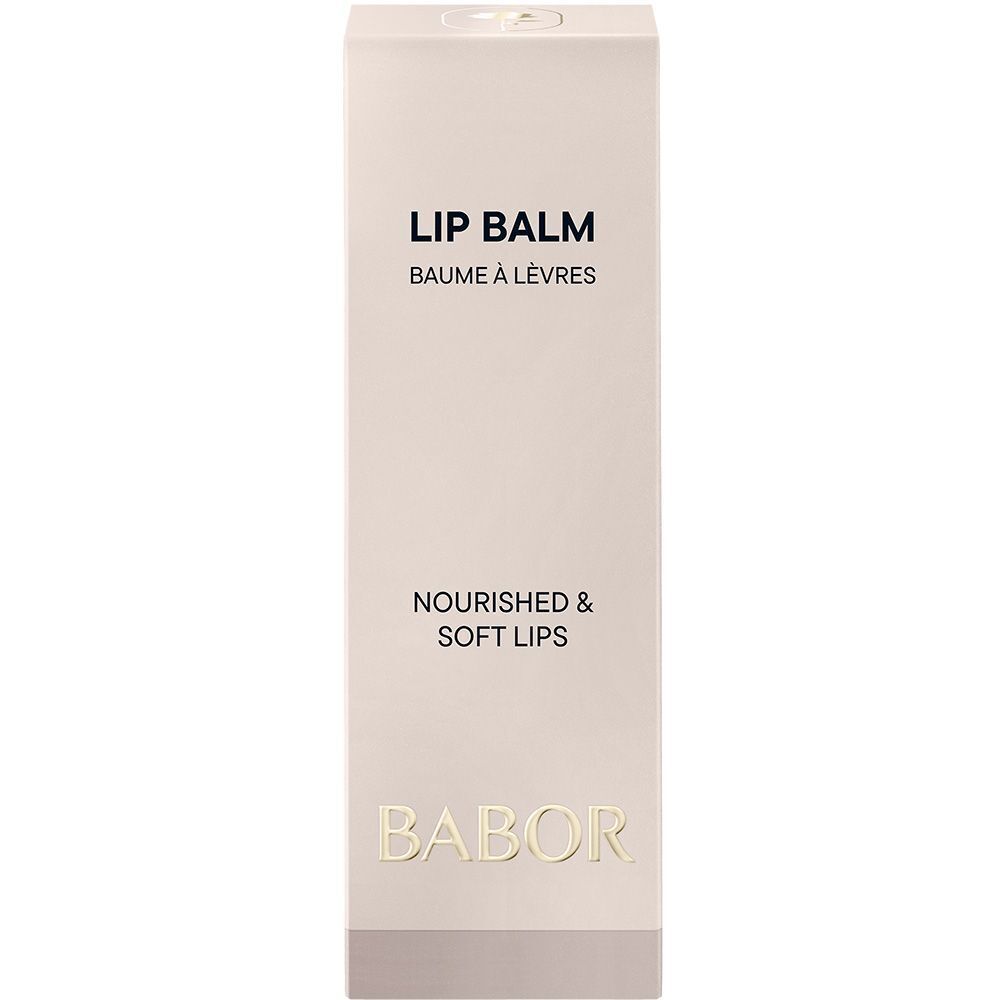 Babor Lippenbalsam-Verpackung, Rückseite mit Inhaltsstoffen, QR-Code und 'BABOR CLEAN BEAUTY'.