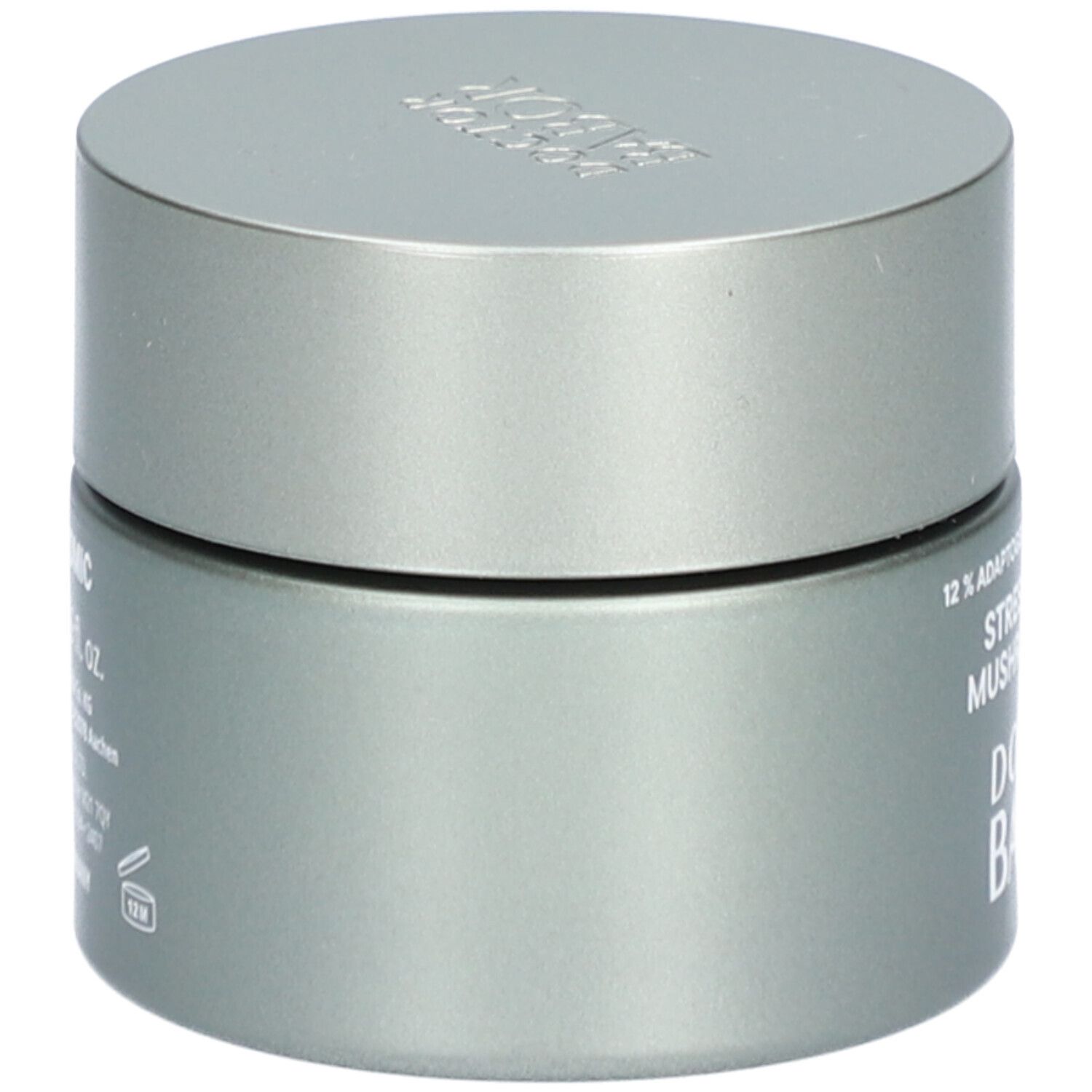 Graue Creme-Dose mit Deckel. Aufschrift: DOCTOR BABOR. Seitlich: 12% Adaptogen, Stress Defense Mushroom Cream.
