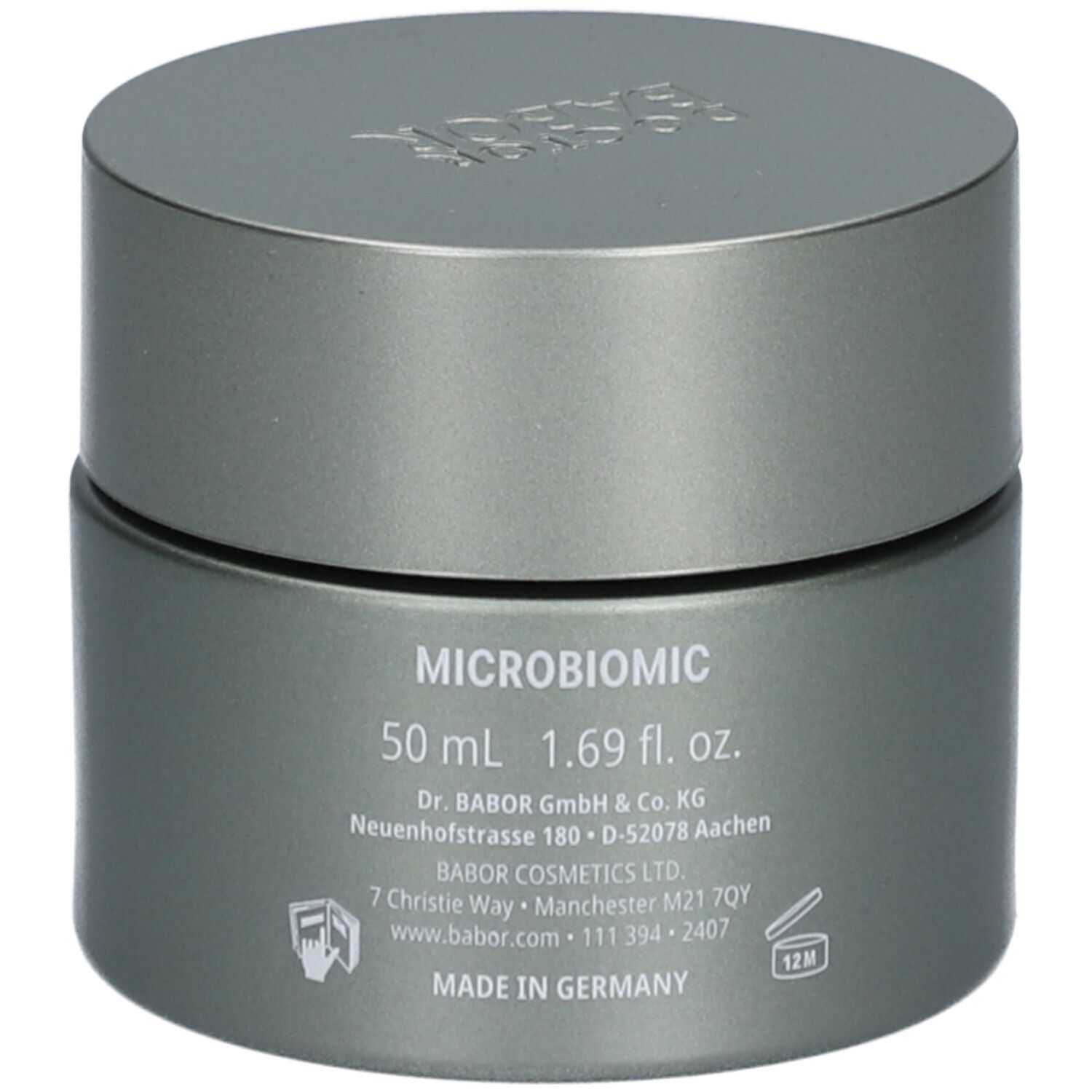 Graue Creme-Dose mit Deckel. Aufschrift: MICROBIOMIC, 50 ml, 1.69 fl. oz. Herstellerinformationen. Made in Germany.