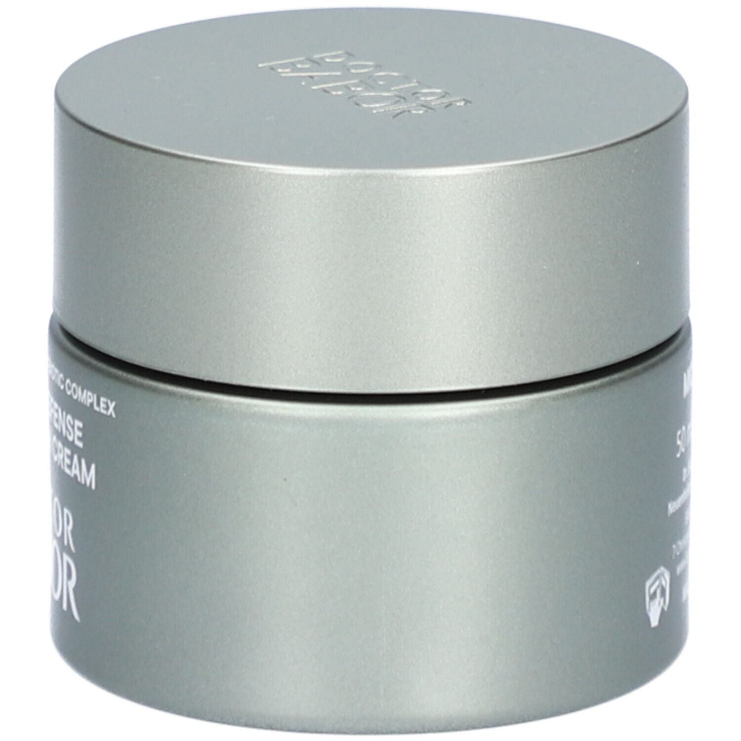 Graue Creme-Dose mit Deckel. Aufschrift: 12% Adaptogen Postbiotic Complex, Stress Defense Mushroom Cream, DOCTOR BABOR.