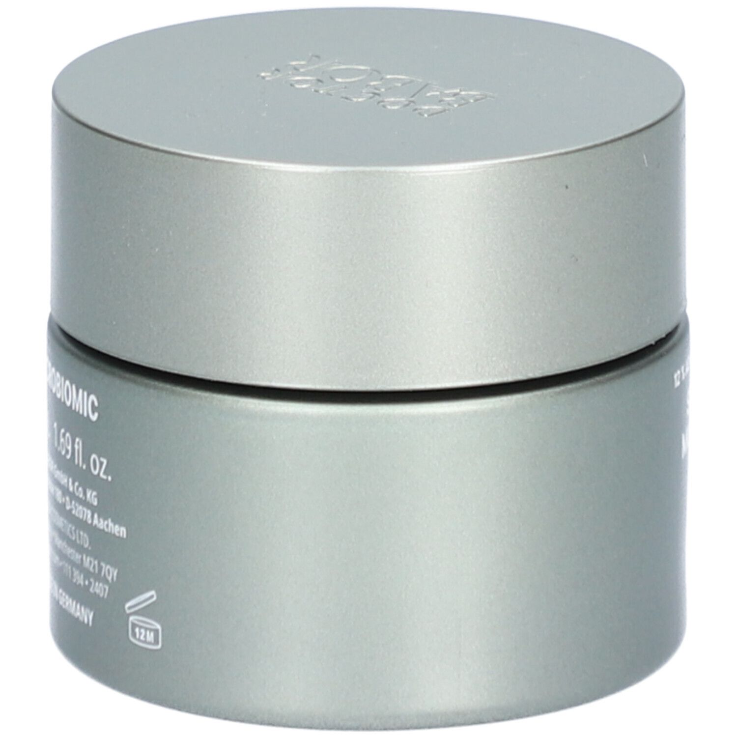 Graue Creme-Dose mit Deckel. Aufschrift: MICROBIOMIC, 1.69 fl. oz. Herstellerinformationen. Made in Germany.