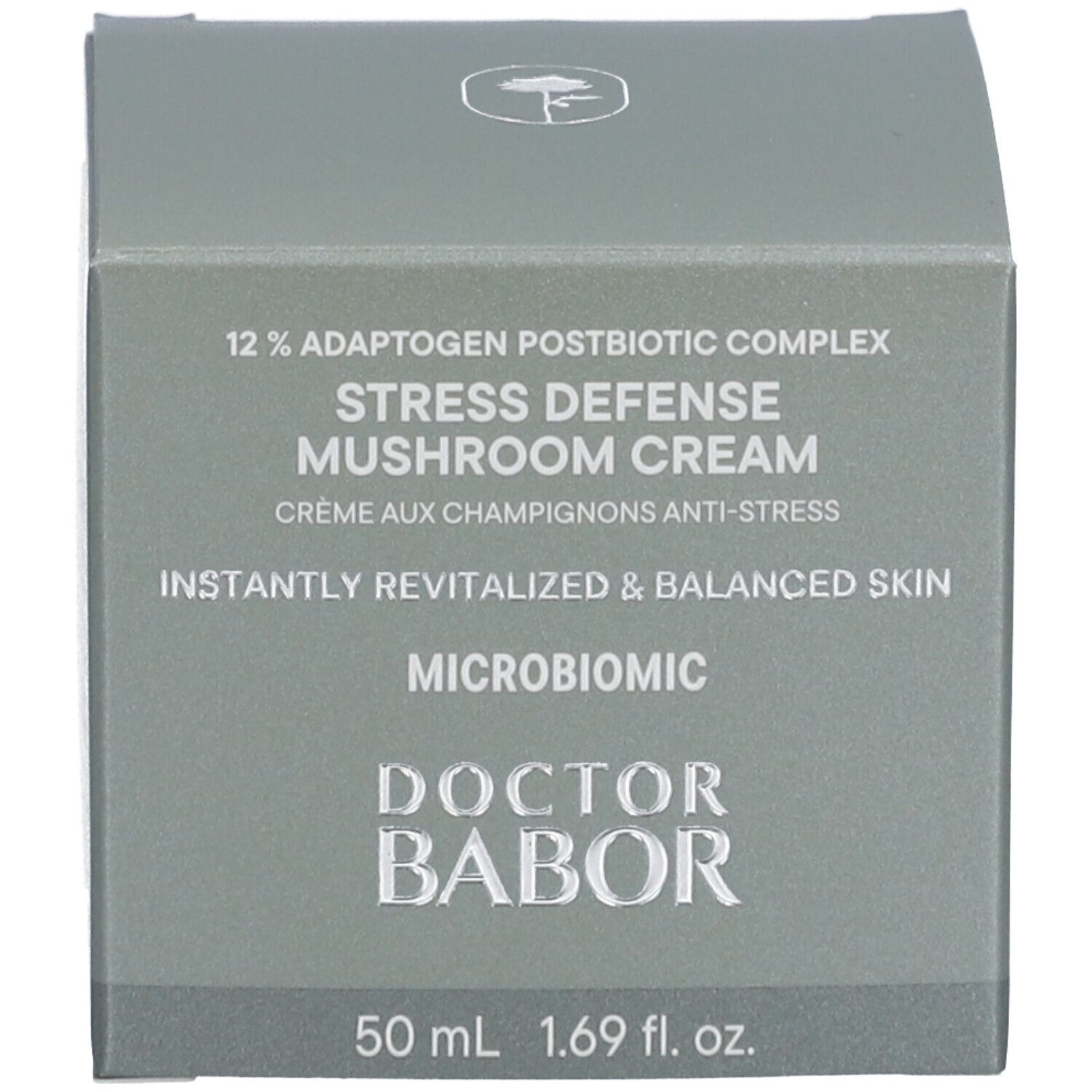 Graue Schachtel. Aufschrift: 12% Adaptogen Postbiotic Complex, Stress Defense Mushroom Cream, Crème aux Champignons Anti-Stress, DOCTOR BABOR.
