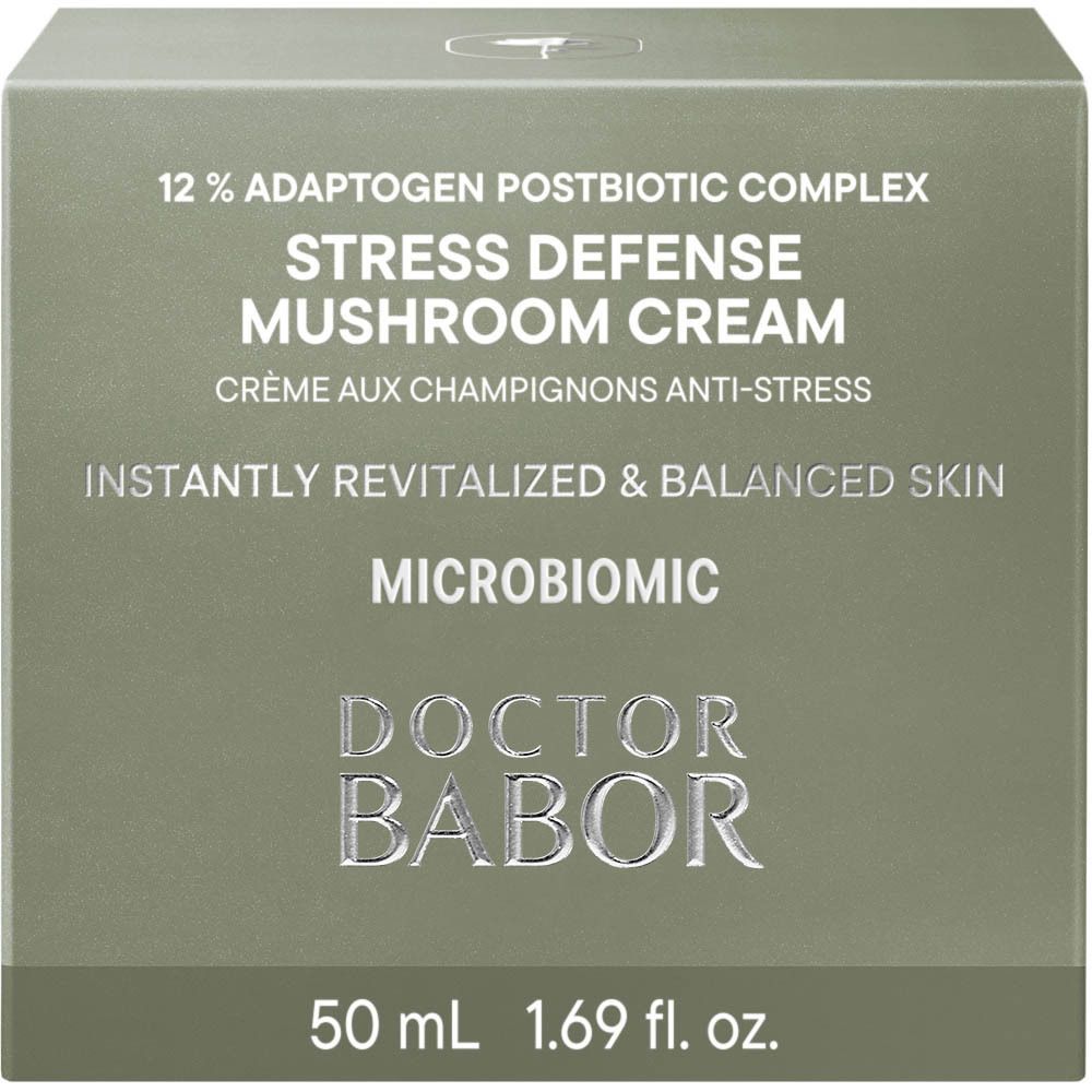 Graue Schachtel. Auf der Schachtel Text: Stress Defense Mushroom Cream, 50 ml, DOCTOR BABOR.