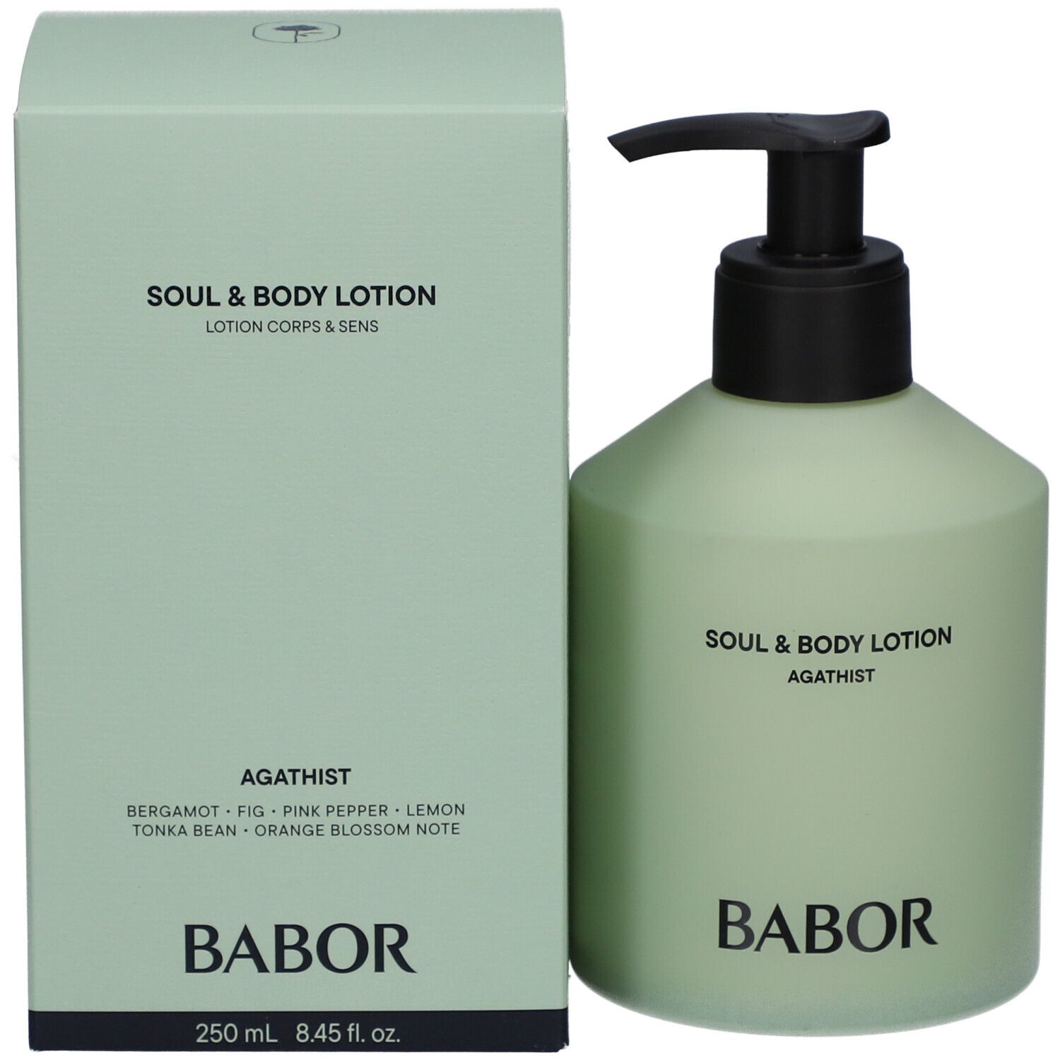 Grüne Schachtel und Flasche mit schwarzem Pumpkopf. Aufschrift: Soul & Body Lotion. Marke: Babor.