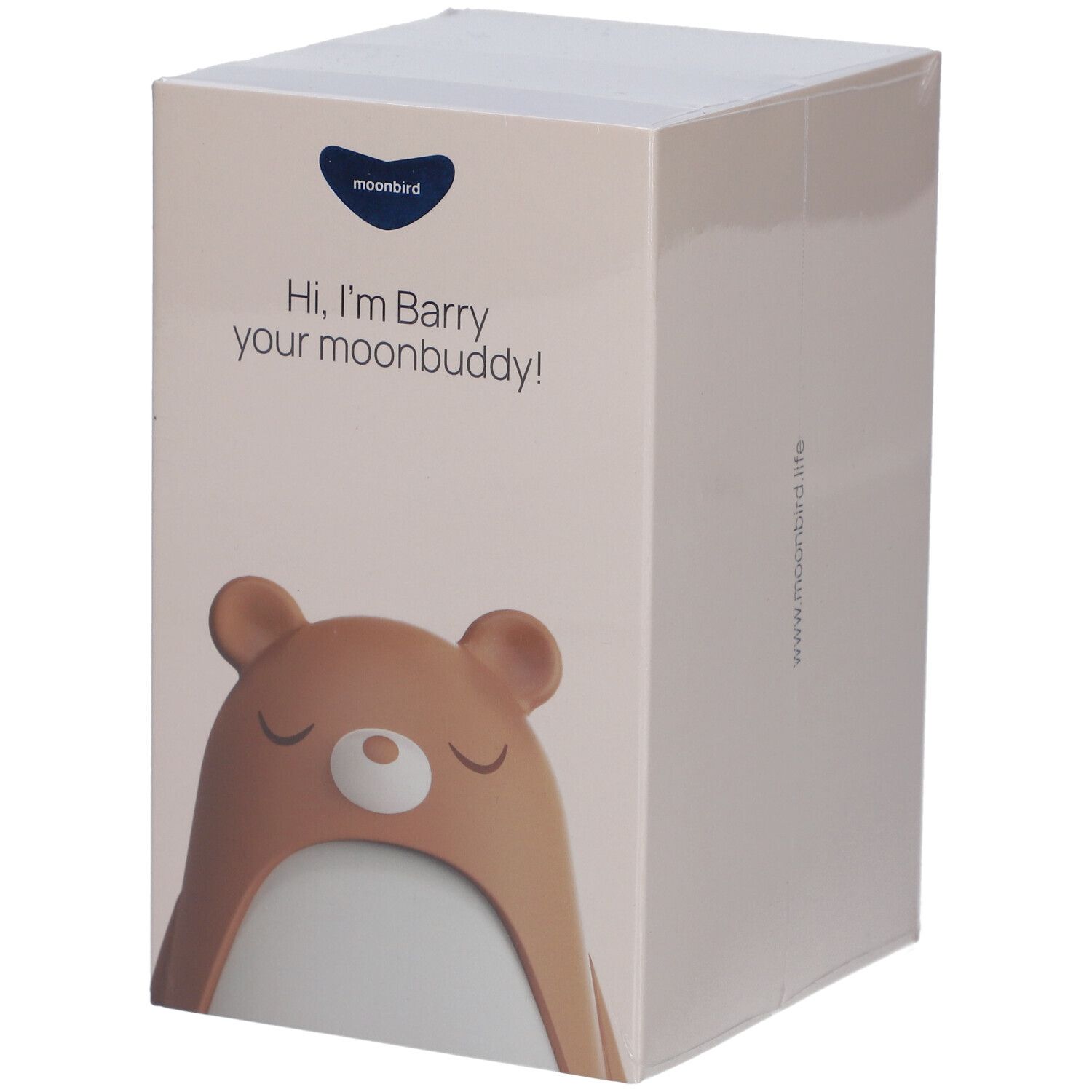 Emballage de Moonbird Moonbuddy Barry l'ours. Texte : "Hi, I'm Barry your moonbuddy!"
