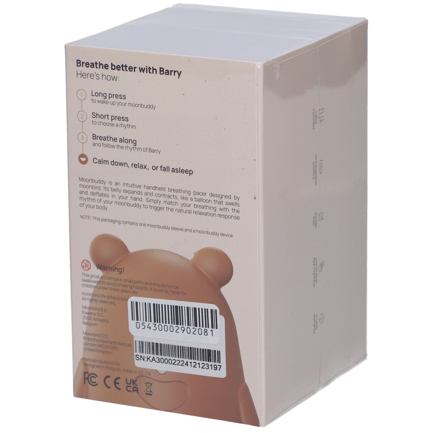 Emballage de Moonbird Moonbuddy Barry l'ours. Informations produit et code-barres au dos.
