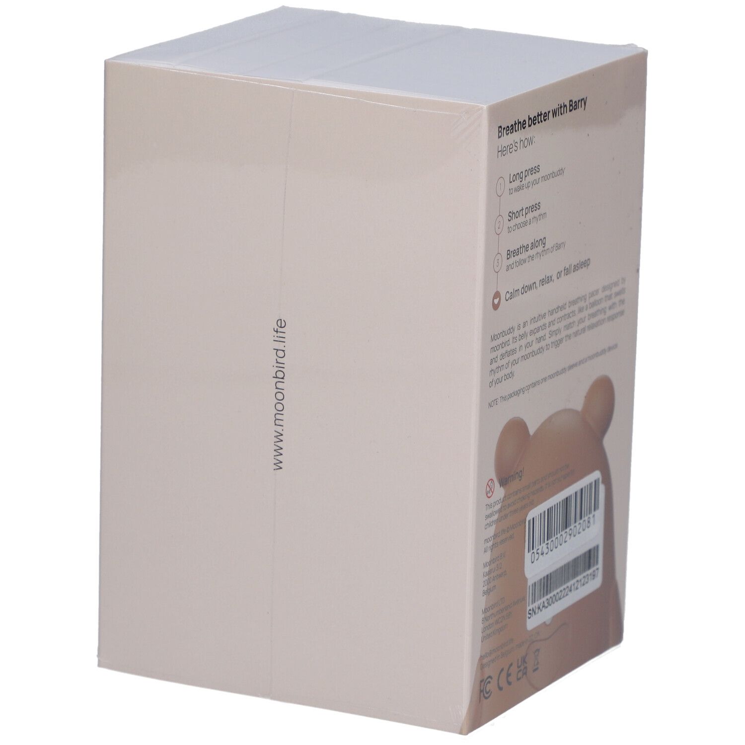 Emballage de Moonbird Moonbuddy Barry l'ours. Informations produit au dos.