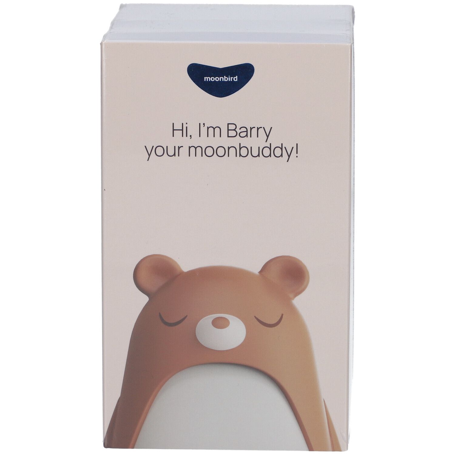 Emballage de Moonbird Moonbuddy Barry l'ours. Texte : "Hi, I'm Barry your moonbuddy!"