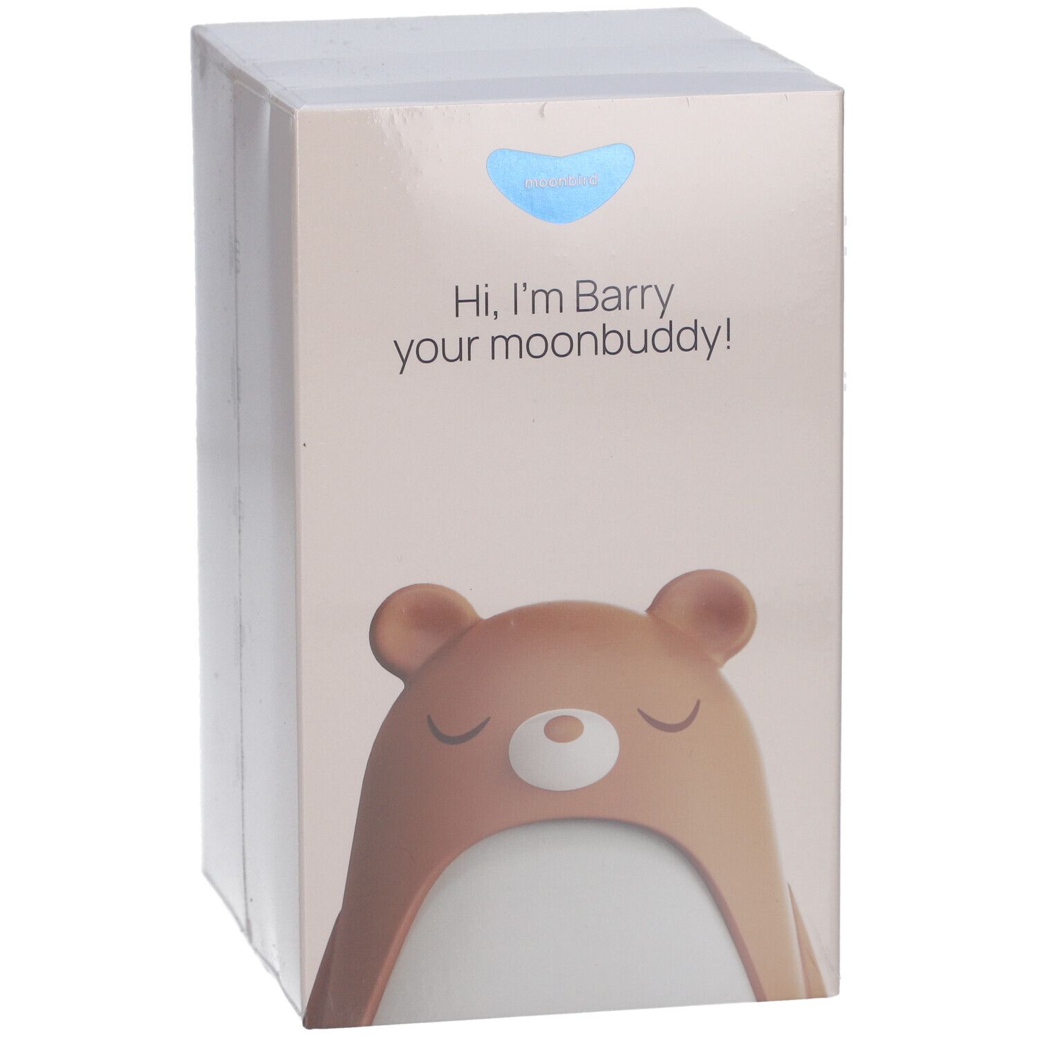 Emballage de Moonbird Moonbuddy Barry l'ours. Texte : "Hi, I'm Barry your moonbuddy!"