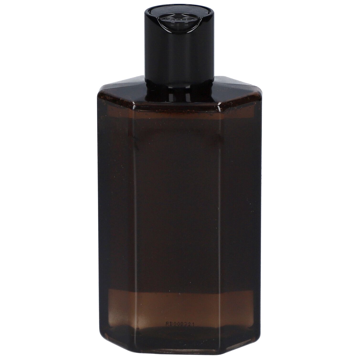 Braune, sechseckige Flasche mit schwarzem Deckel. Keine weiteren Details sichtbar.