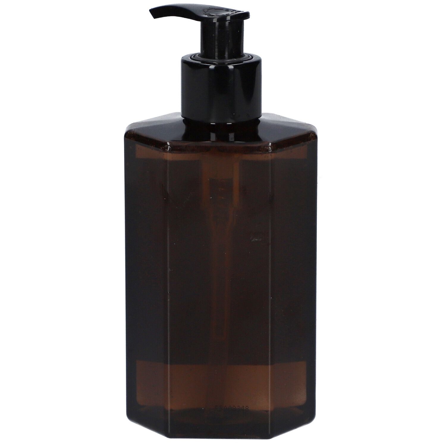 Braune, sechseckige Flüssigseifenflasche mit schwarzem Spender. Leere Flasche.