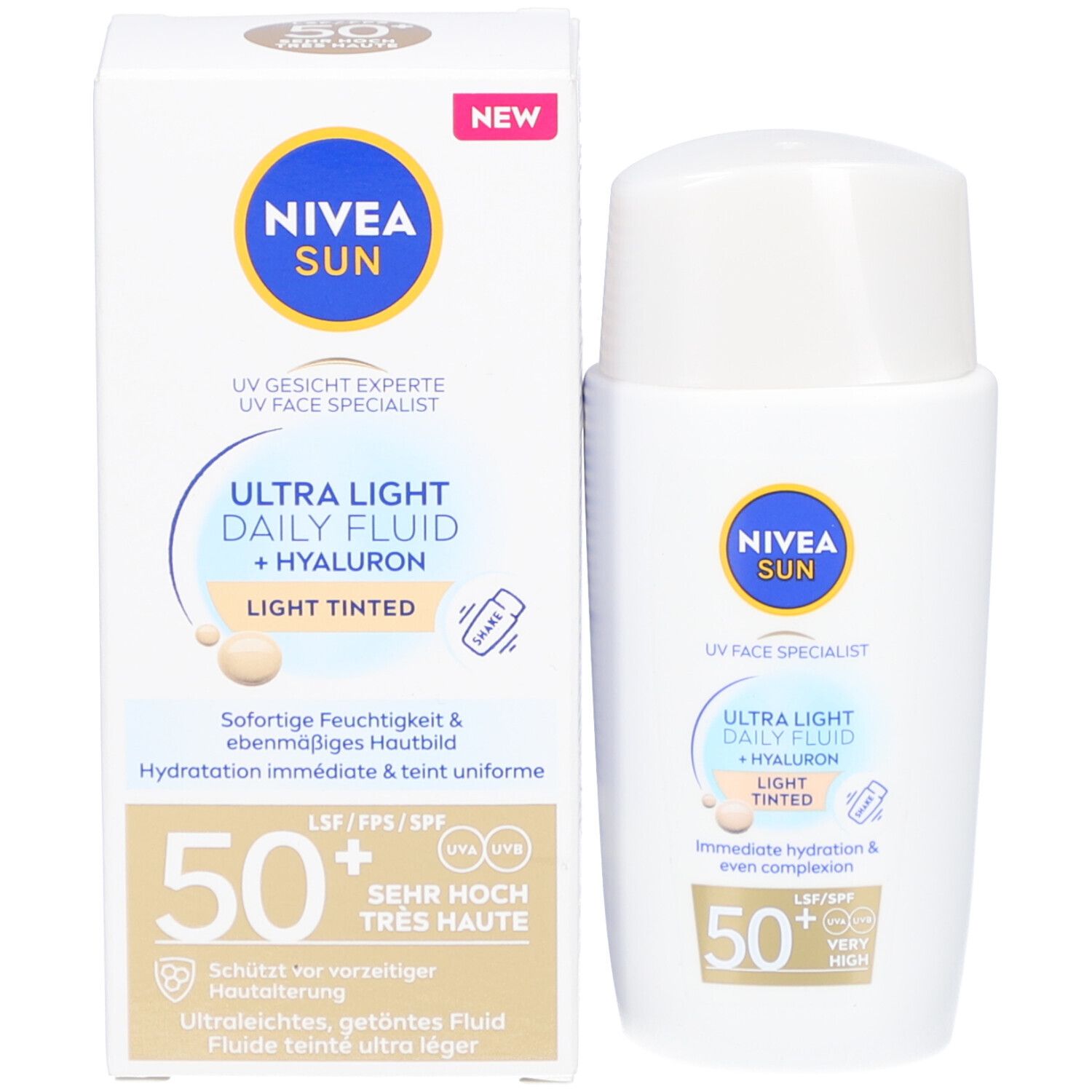 Nivea Sun Ultra Light Daily Fluid, LSF 50+, hell getönt, mit Verpackung und Flasche.