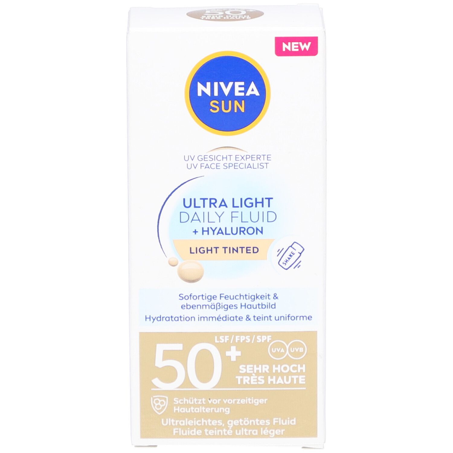 Verpackung und Flasche Nivea Sun Ultra Light Daily Fluid, LSF 50+, hell getönt.