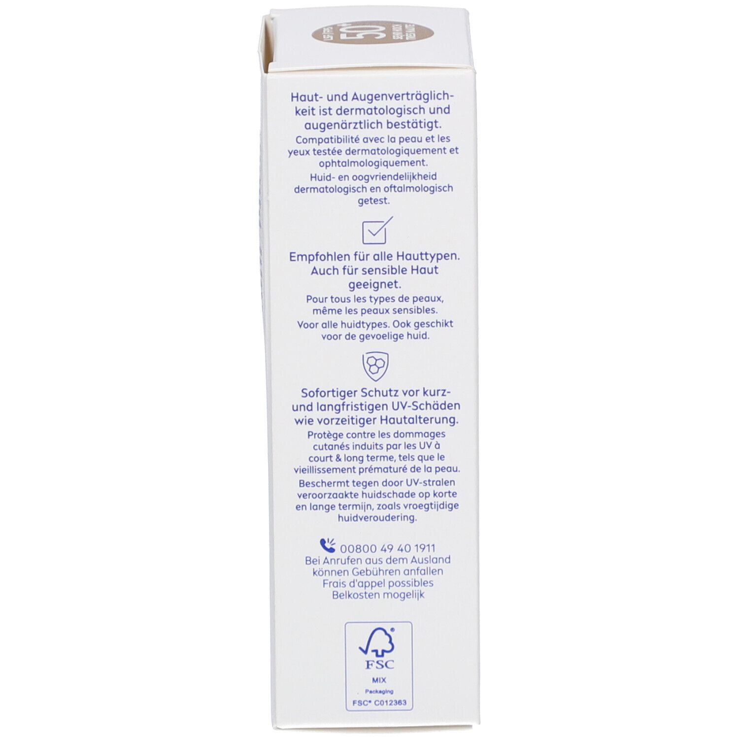 Seitenansicht der Nivea Sun Ultra Light Daily Fluid Verpackung mit Anwendungshinweisen.