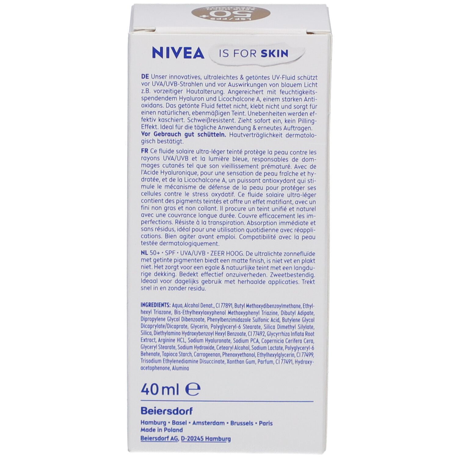 Seitenansicht der Nivea Sun Ultra Light Daily Fluid Verpackung mit Produktbeschreibung.