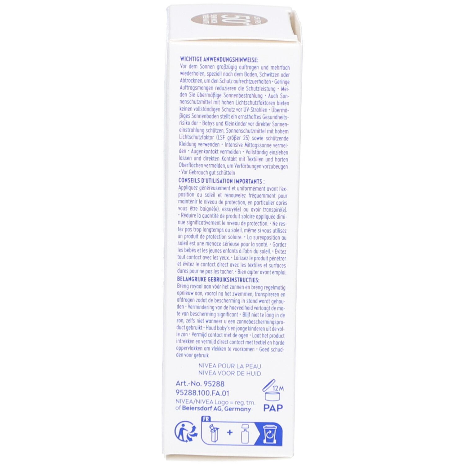 Seitenansicht der Nivea Sun Ultra Light Daily Fluid Verpackung mit Inhaltsstoffen und 40ml Angabe.
