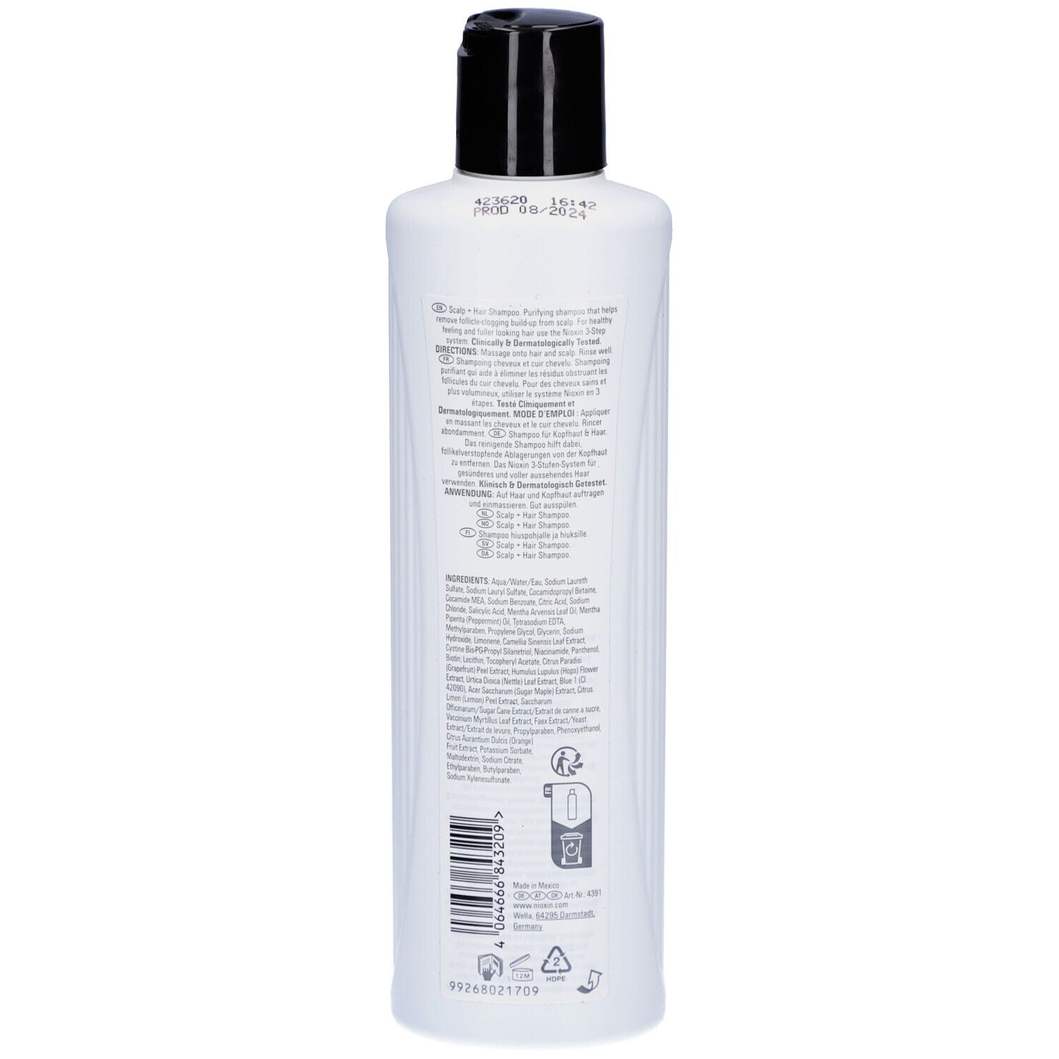 Rückseite einer Nioxin System 1 Shampoo Flasche mit Produktinformationen.