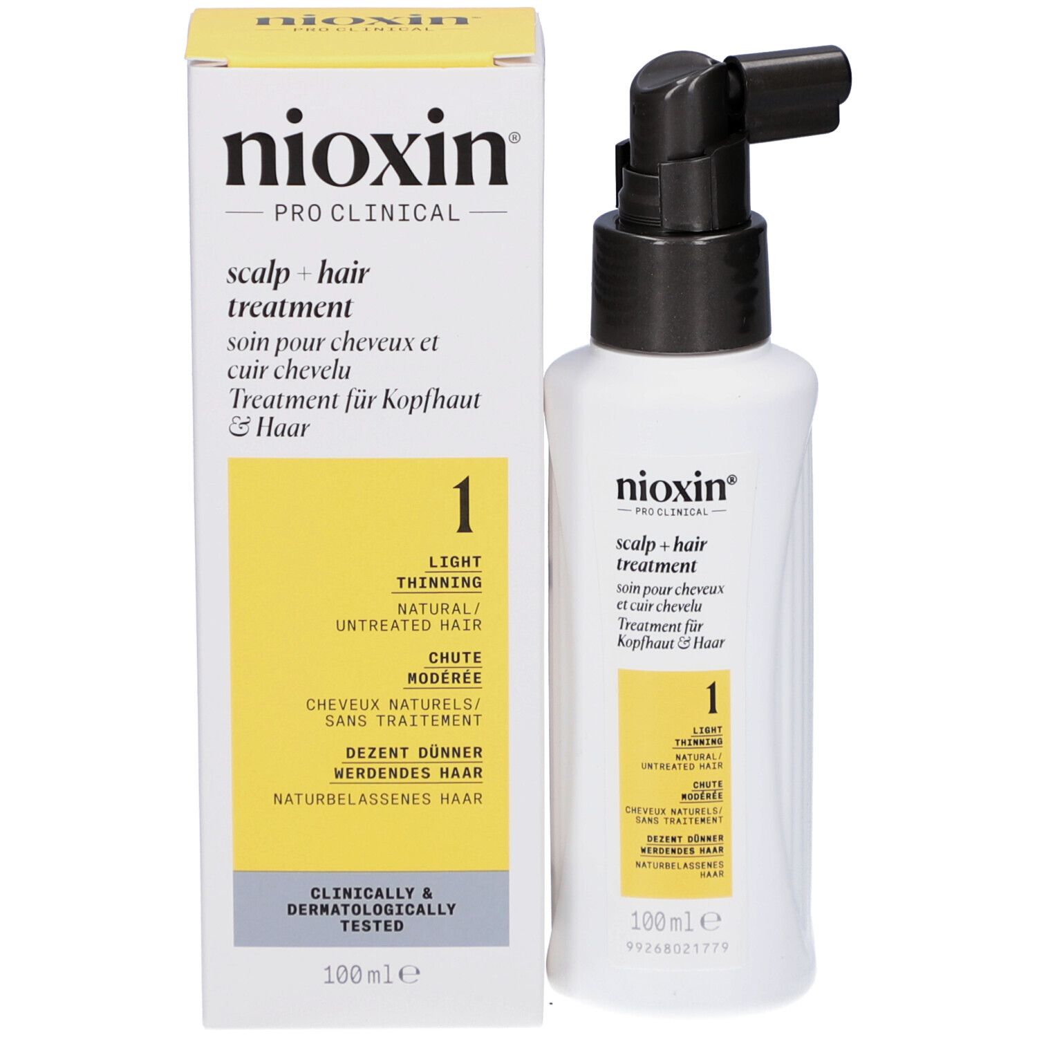 Nioxin Scalp + Hair Treatment, 100ml Flasche mit Pumpspender und Umverpackung.