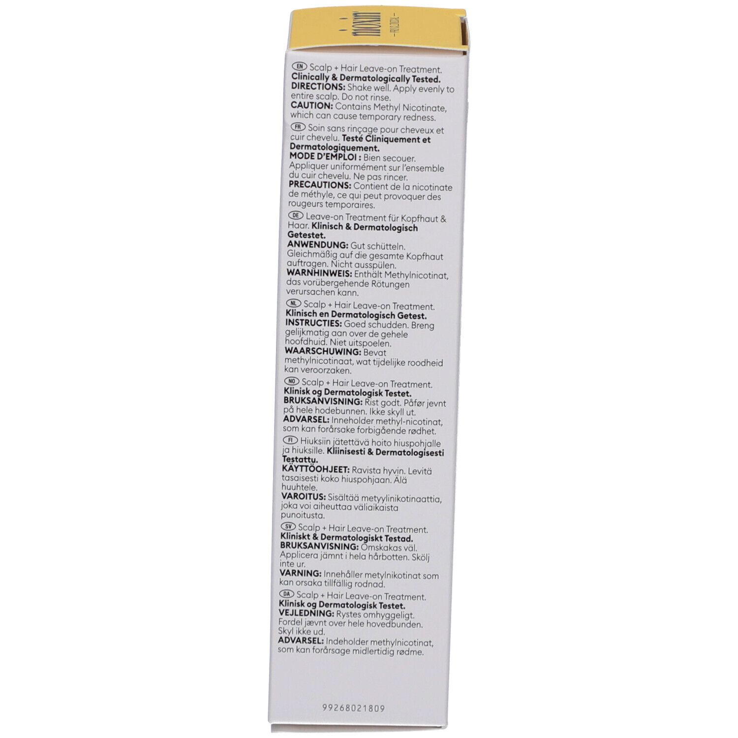 Verpackung für Kopfhaut- und Haar-Leave-on-Behandlung, klinisch und dermatologisch getestet.