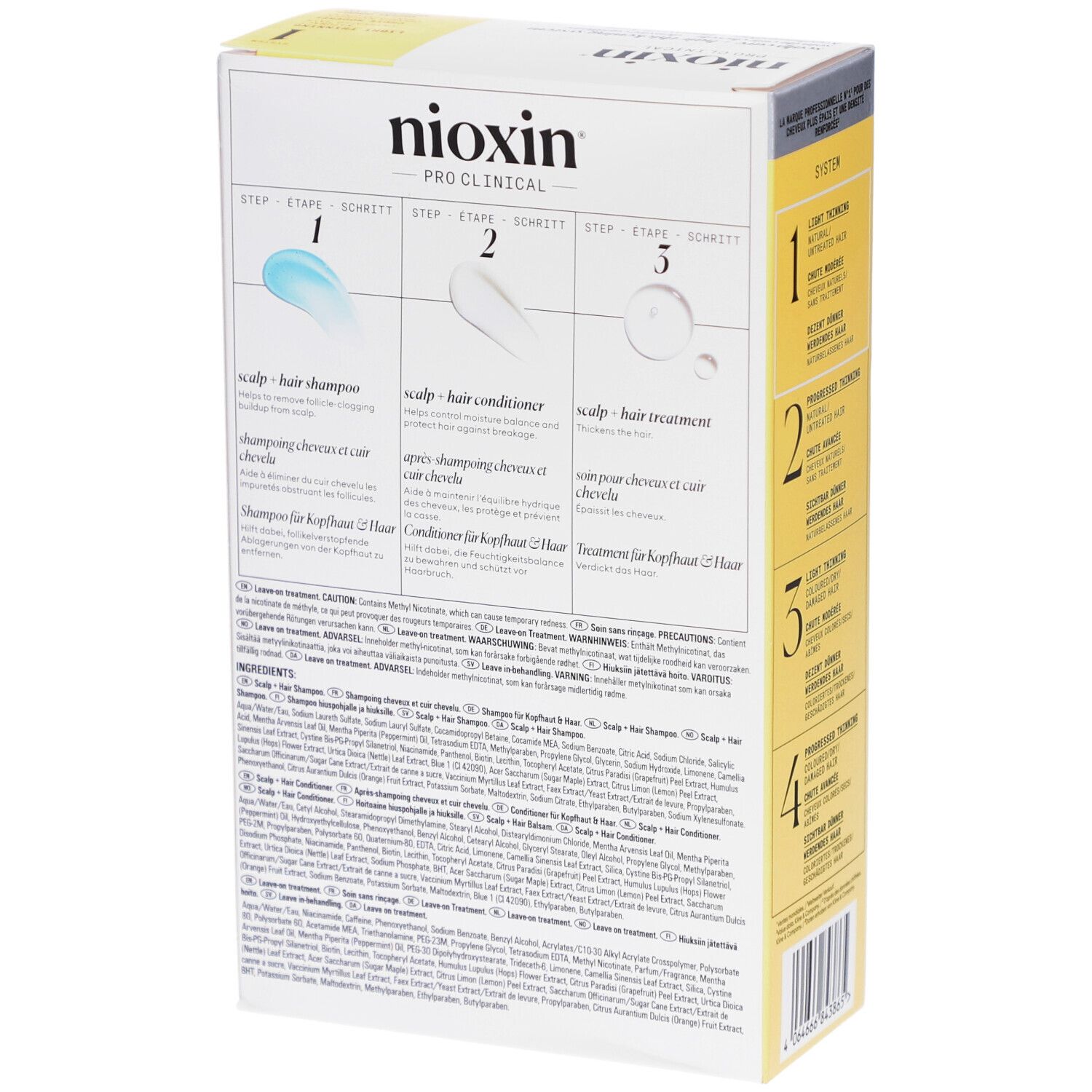 Nioxin Pro Clinical System 1 Kit. Rückseite der Verpackung mit Anwendungsanleitung und Inhaltsstoffen.