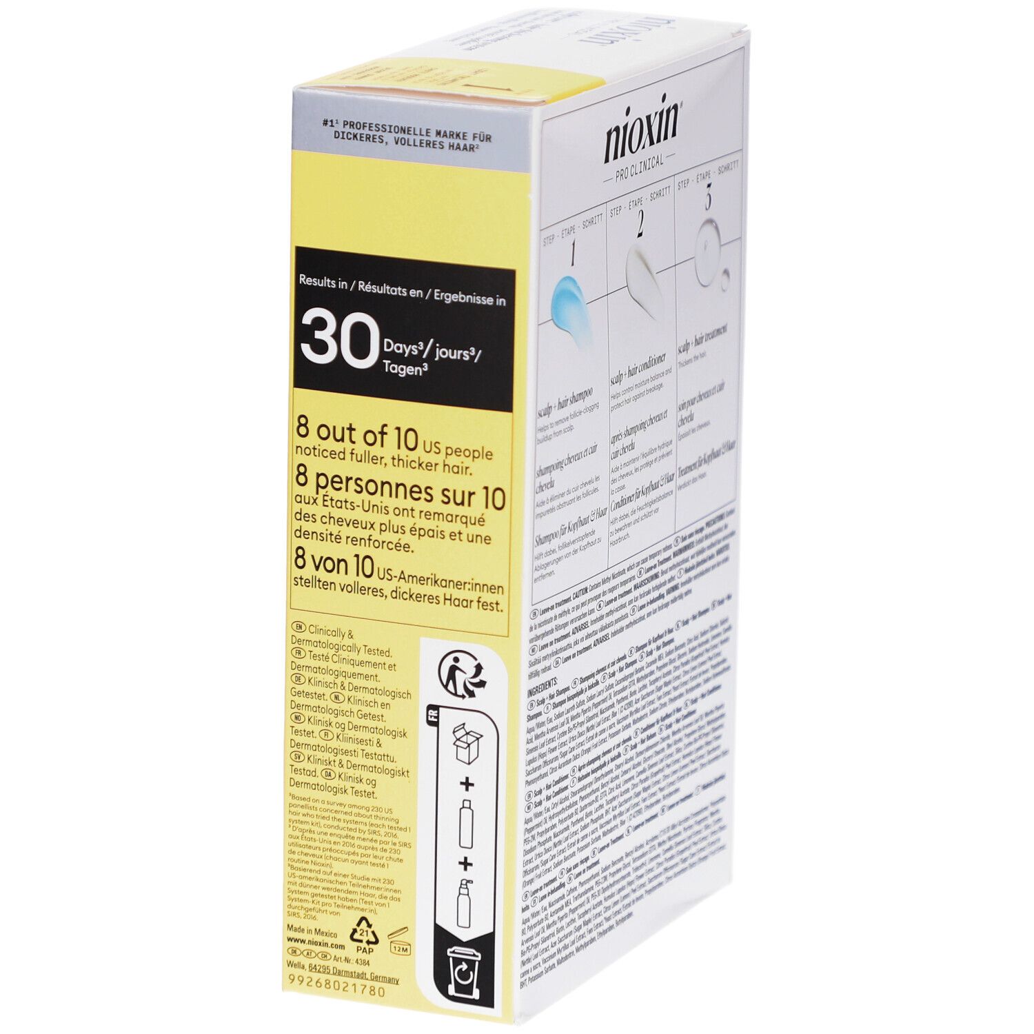 Nioxin Pro Clinical System 1 Kit. Verpackung mit Informationen zu Ergebnissen in 30 Tagen.