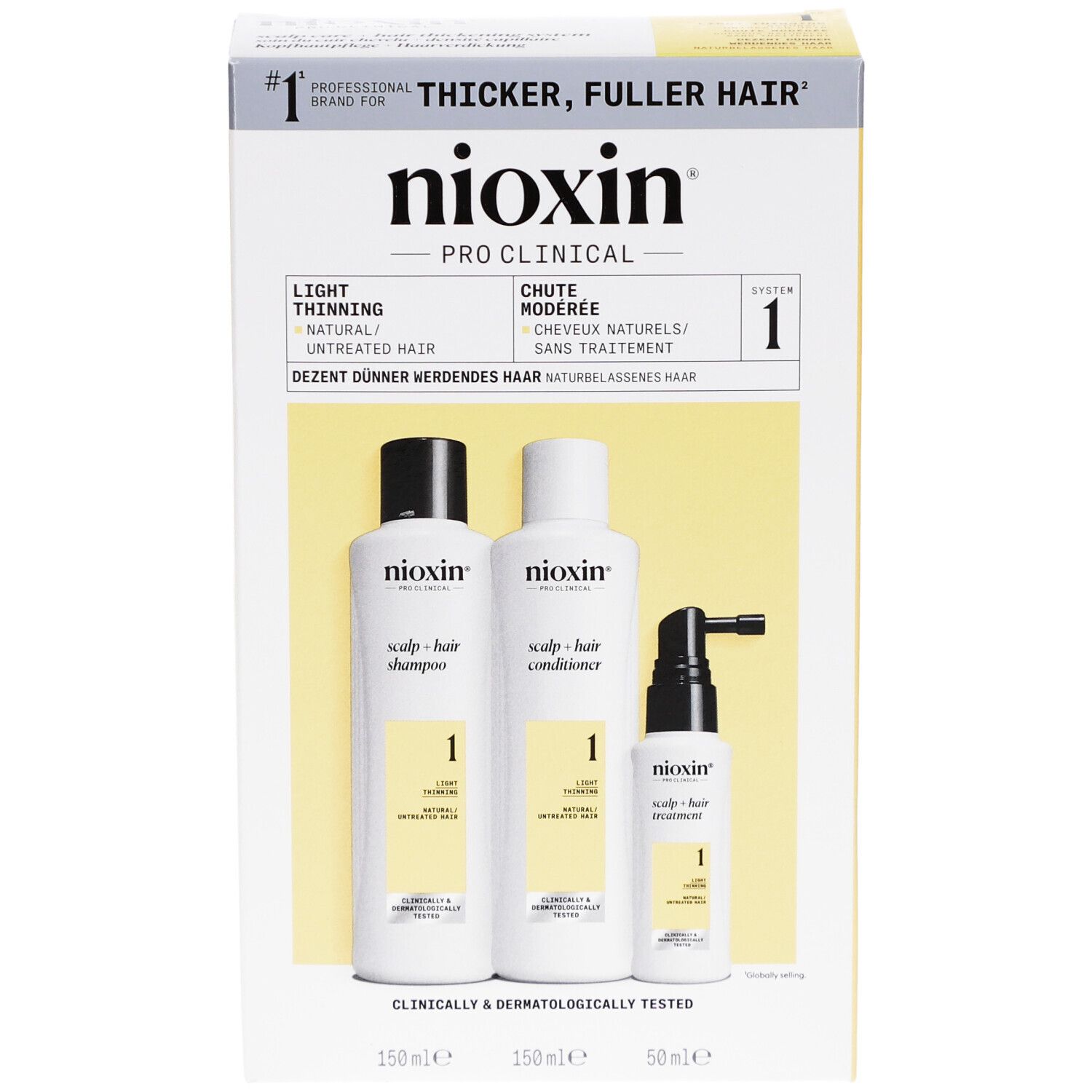 Nioxin Pro Clinical System 1 Kit. Enthält Shampoo, Conditioner und Treatment. Verpackung mit gelben Akzenten.