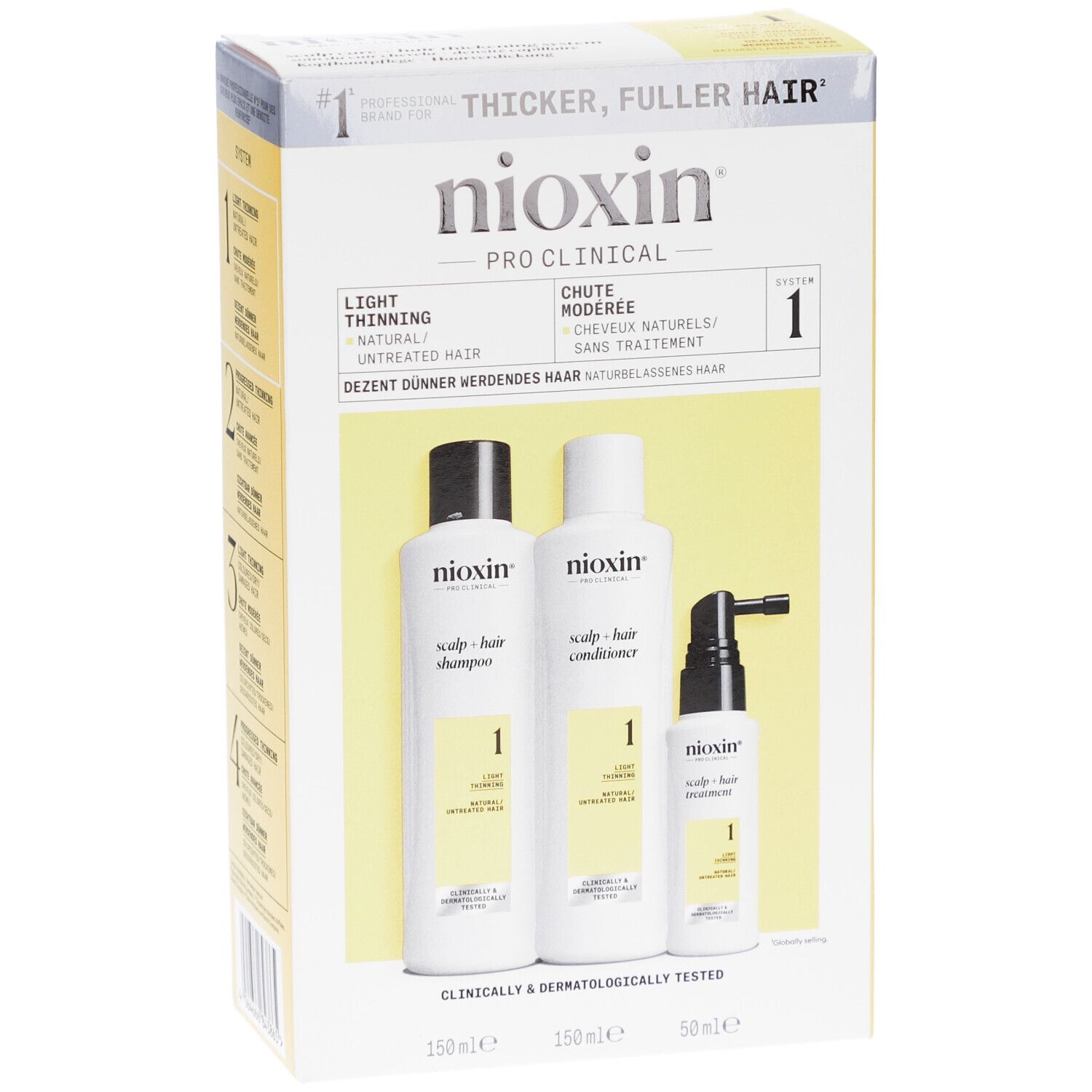 Nioxin Pro Clinical System 1 Kit. Enthält Shampoo, Conditioner und Treatment. Verpackung mit gelben Akzenten.