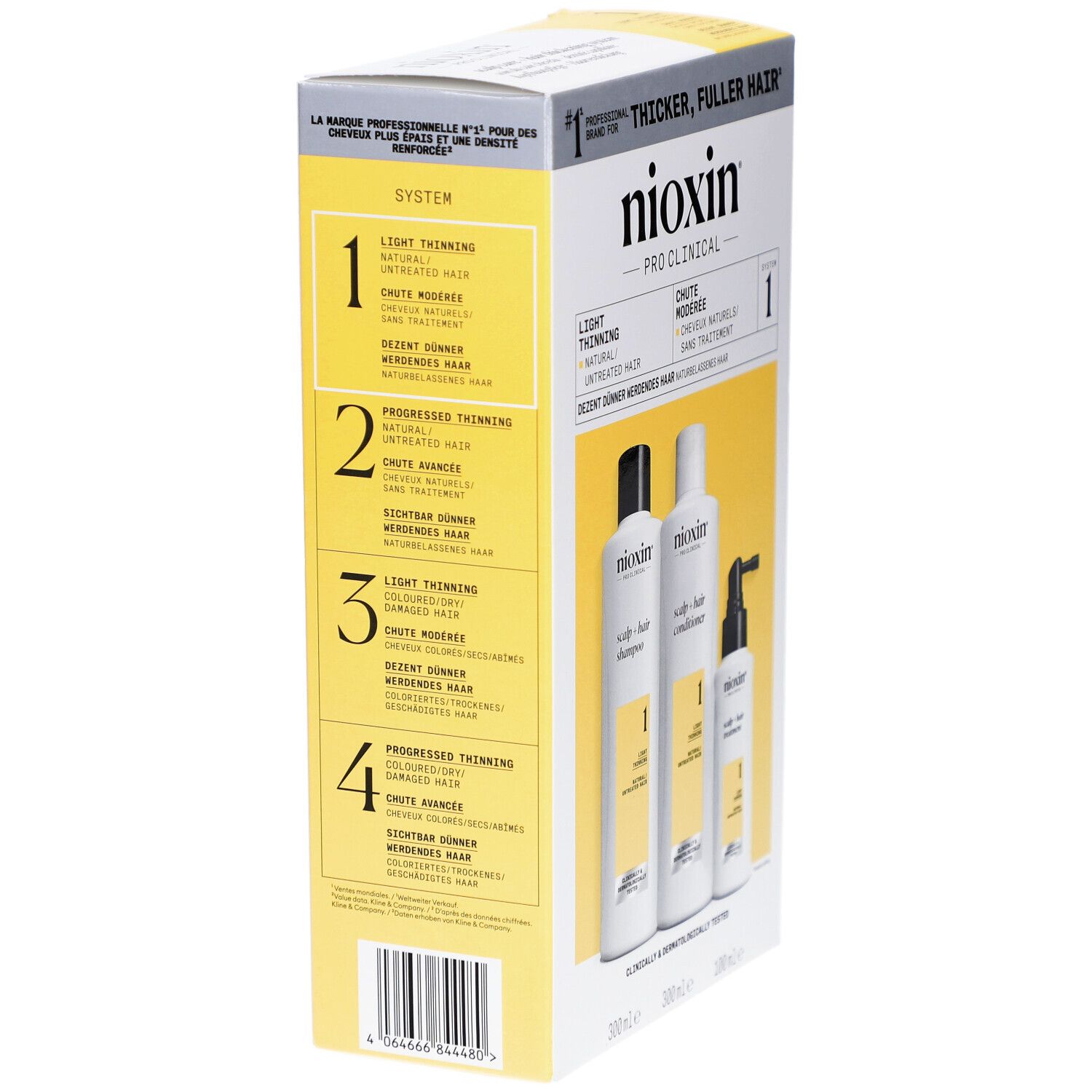 Seitenansicht der Nioxin-Verpackung. Enthält Shampoo, Conditioner und Treatment. Gelbe und weiße Elemente.