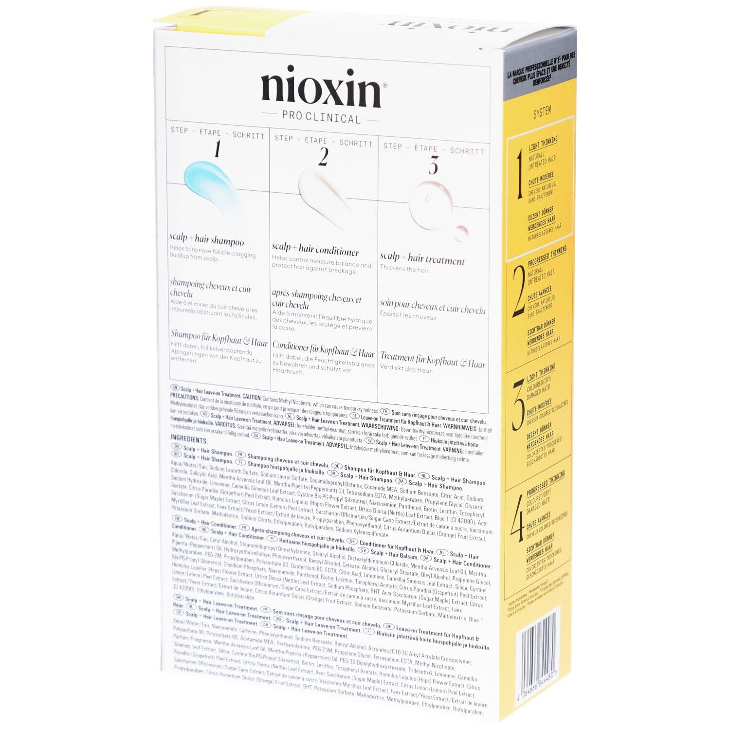 Rückseite der Nioxin-Verpackung. Enthält Informationen zu den Schritten und Inhaltsstoffen. Text in mehreren Sprachen.