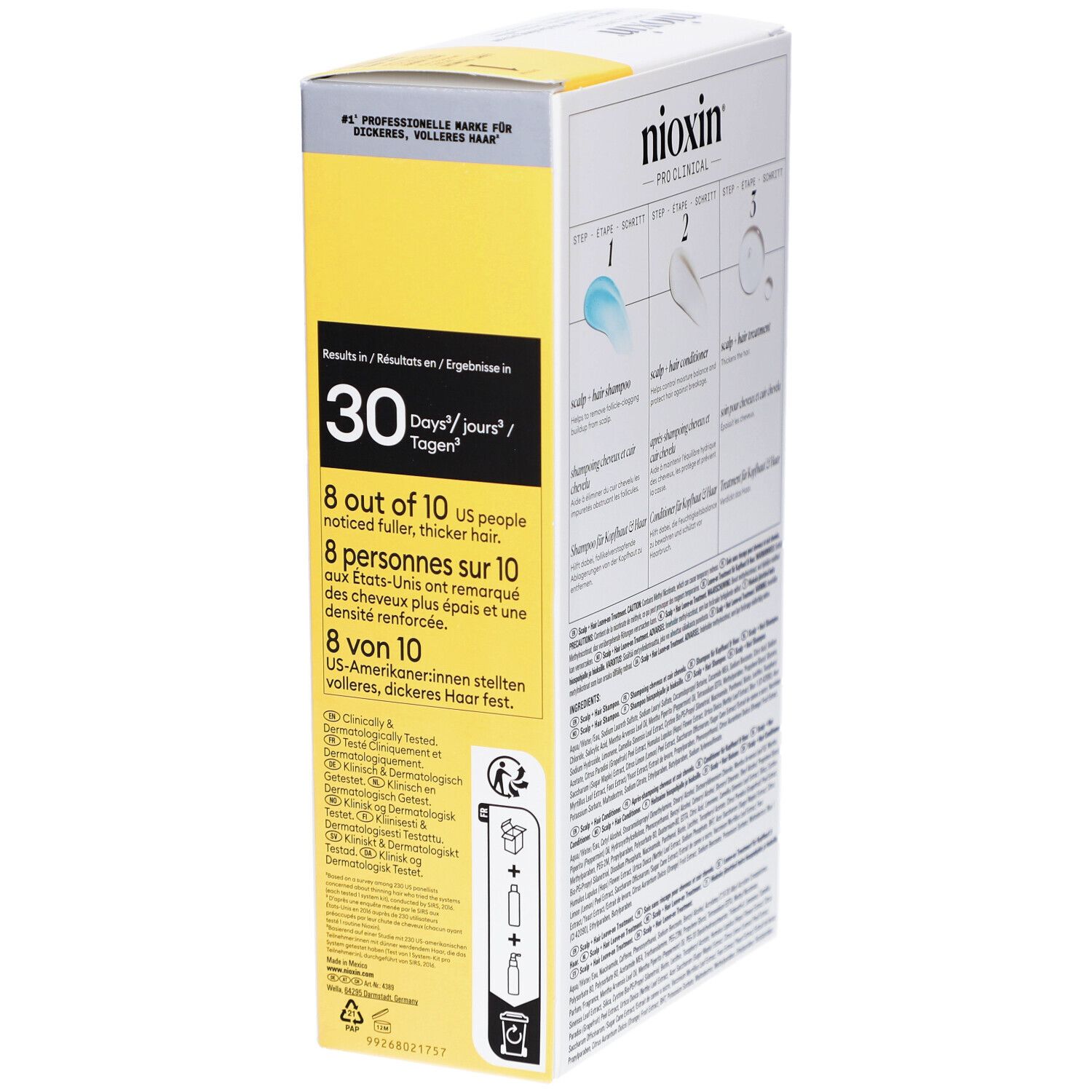 Nioxin-Verpackung mit Text über Ergebnisse in 30 Tagen. Enthält Shampoo, Conditioner und Treatment.