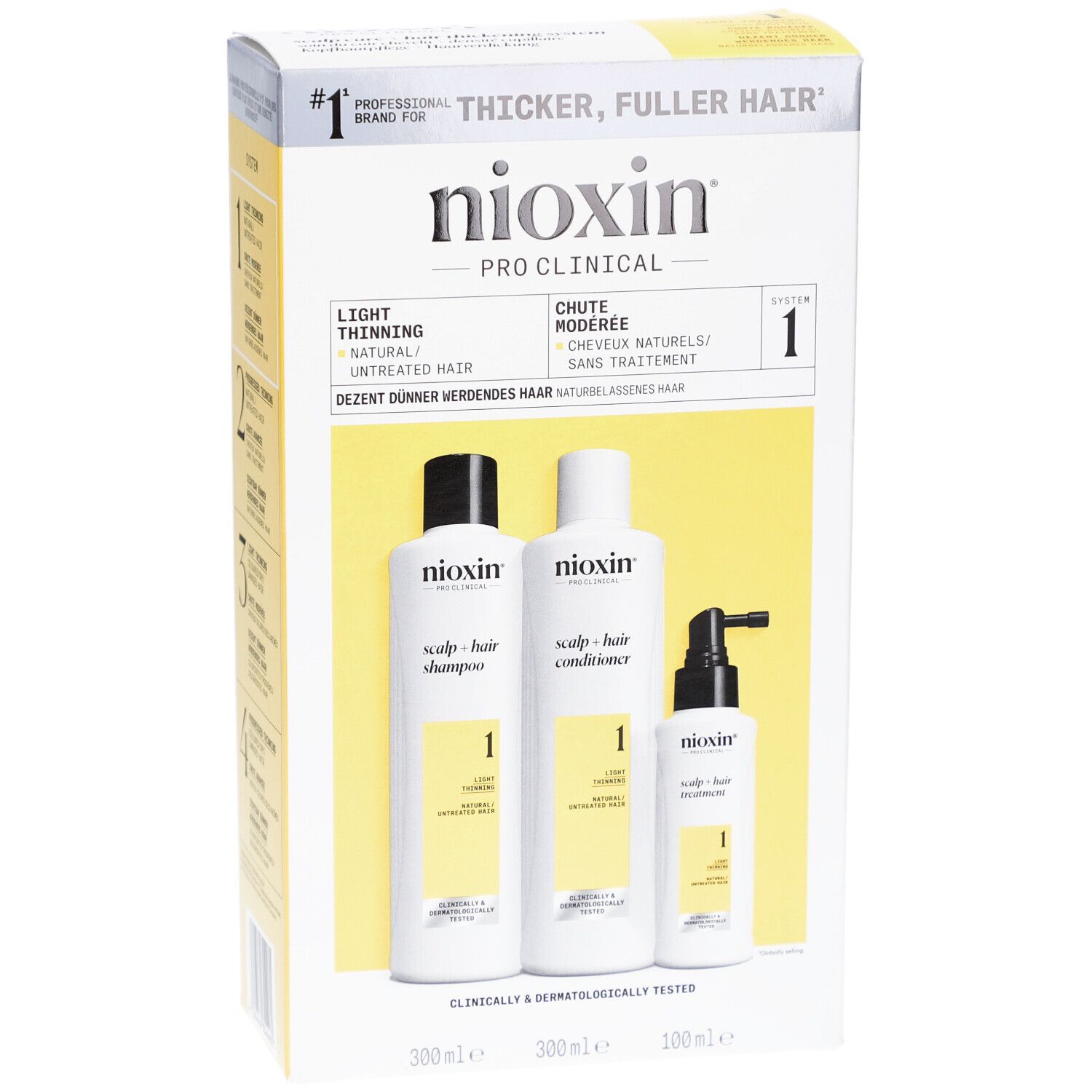 Nioxin-Verpackung mit Shampoo, Conditioner und Treatment. Weiße Flaschen mit gelben Etiketten.