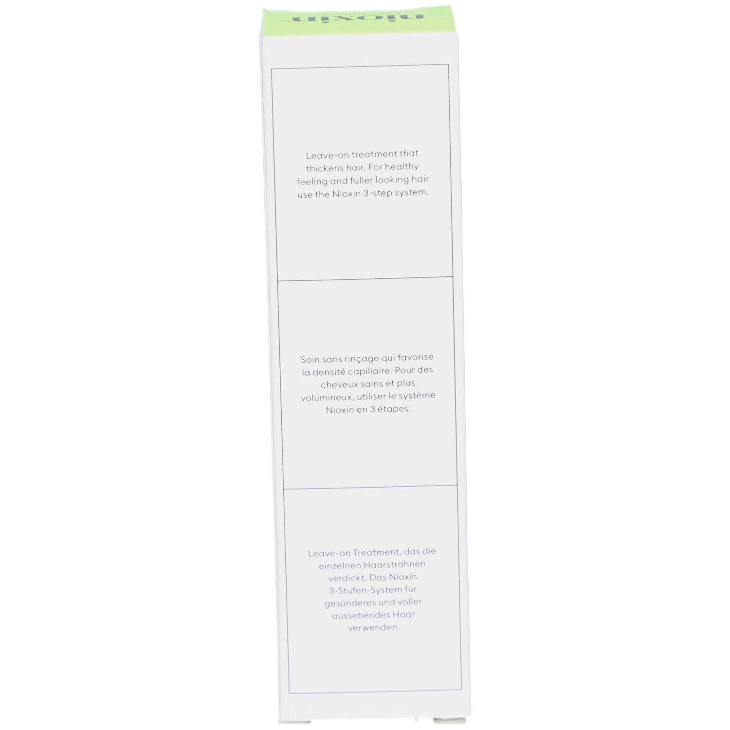 Seitenansicht der Nioxin System 2 Kopfhautbehandlung Kartonverpackung mit Inhaltsstoffen.