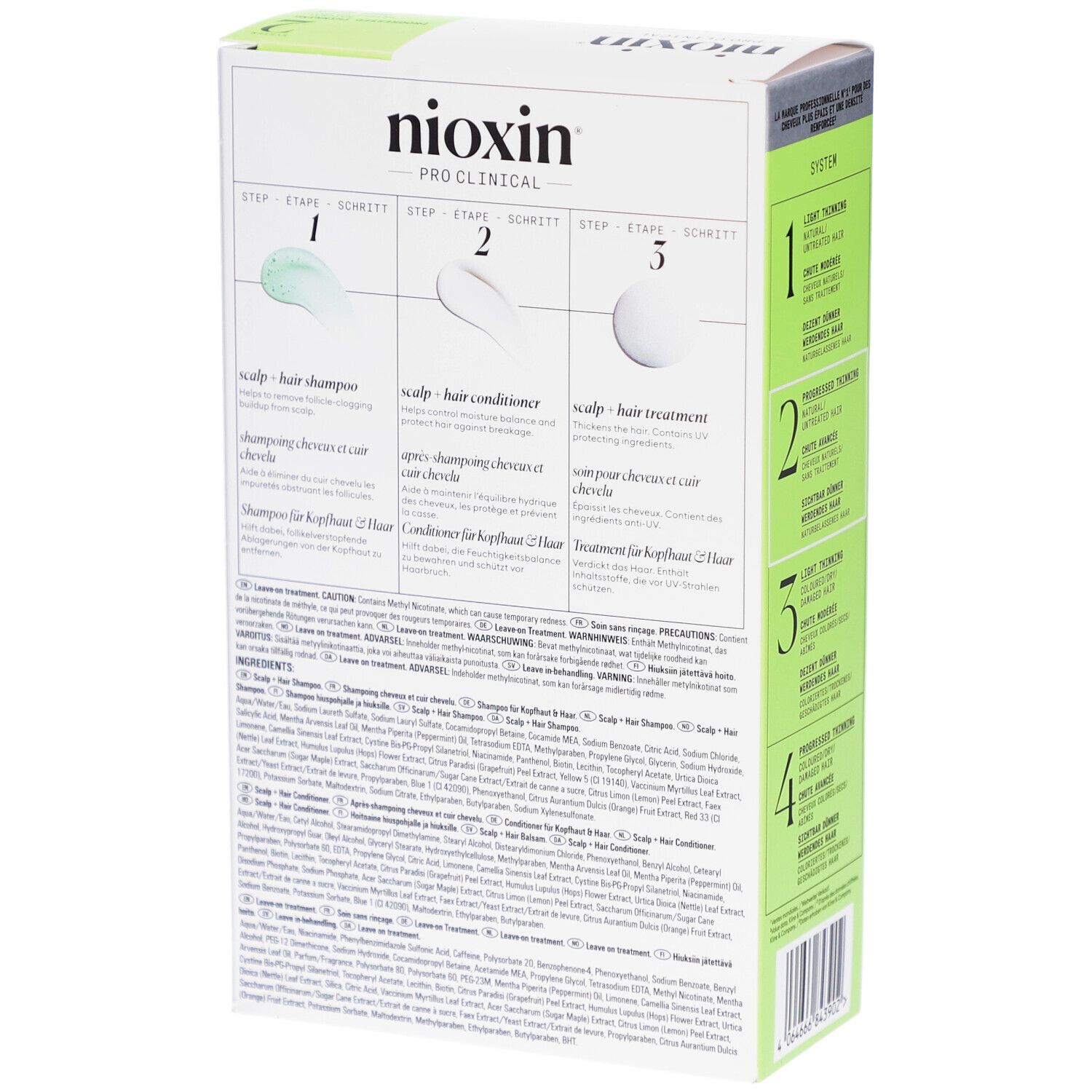 Rückseite der Nioxin System 2 Kit-Verpackung. Produktanwendungsschritte. Inhaltsstoffe. Grüne und weiße Farbgebung.