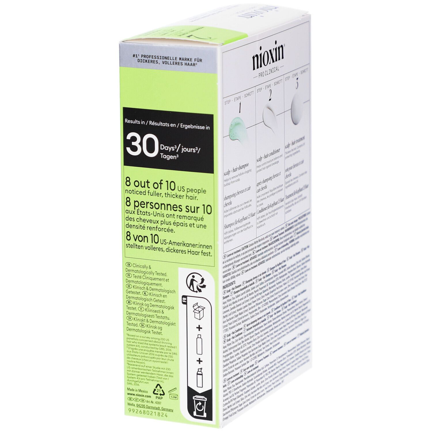 Nioxin System 2 Kit-Verpackung. Seite mit Produktinformationen. Enthält Shampoo, Conditioner und Treatment. Grüne Akzente.