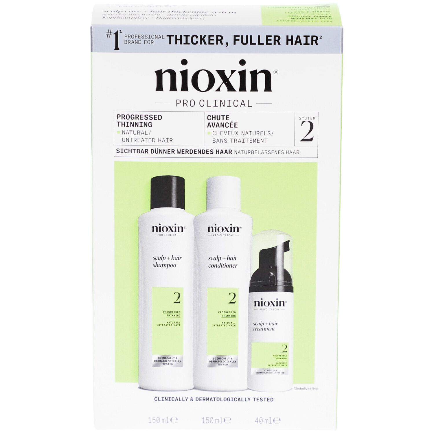 Nioxin System 2 Kit. Enthält Shampoo, Conditioner und Treatment. Verpackung mit grünen Akzenten. Klinisch und dermatologisch getestet.