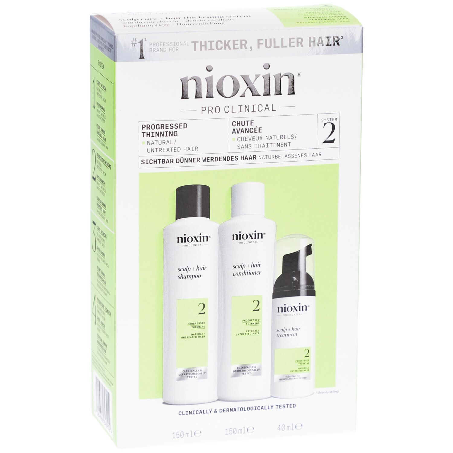 Nioxin System 2 Kit. Enthält Shampoo, Conditioner und Treatment. Verpackung mit grünen Akzenten. Klinisch und dermatologisch getestet.