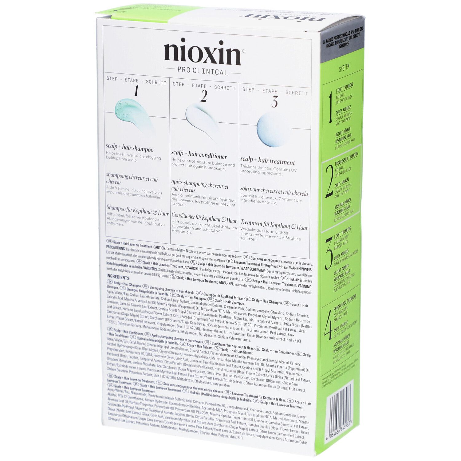Nioxin System 2 Box, Rückseite. Enthält Anwendungsanweisungen und Inhaltsstoffe. Grün-weiße Verpackung mit Produktnamen und Angaben.